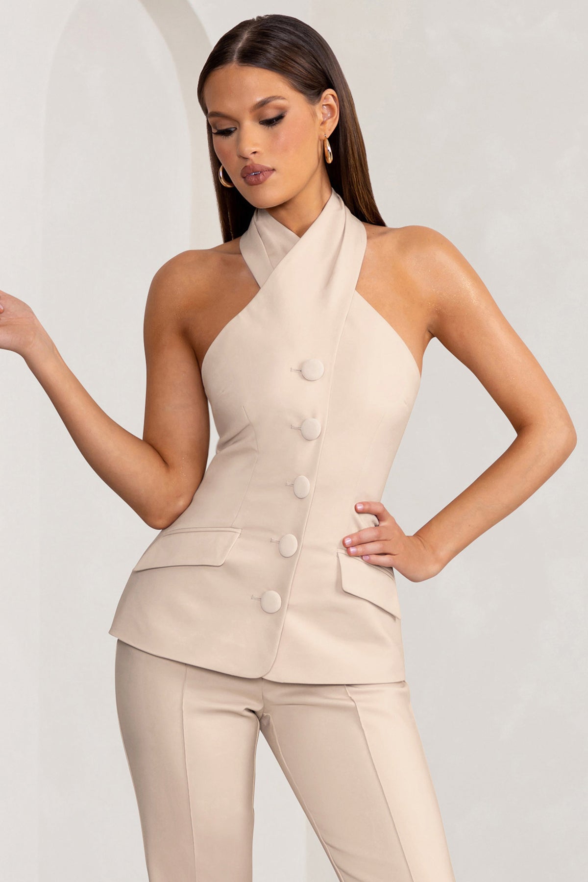 Remi | Stone Cross Halter Neck Tailored Sleeveless Blazer Top