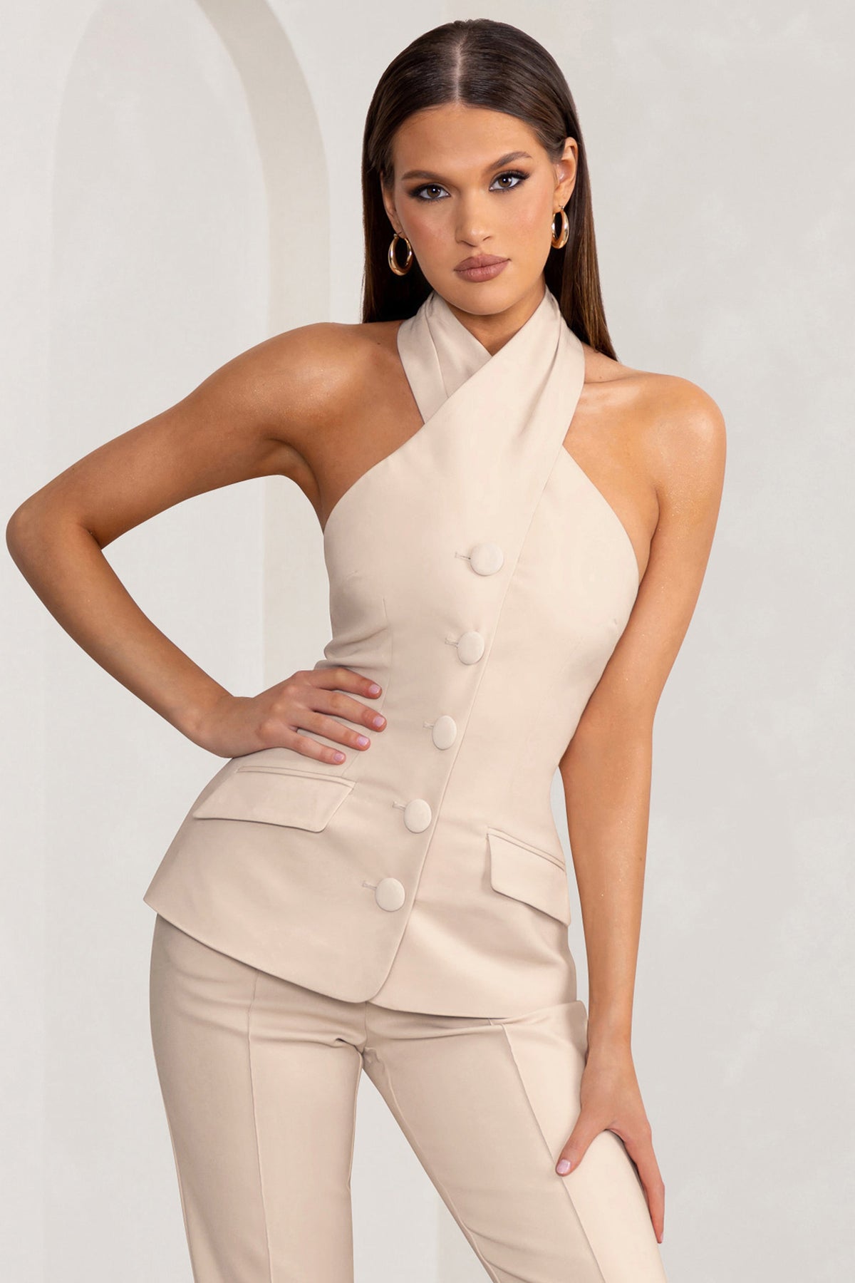 Remi | Stone Cross Halter Neck Tailored Sleeveless Blazer Top