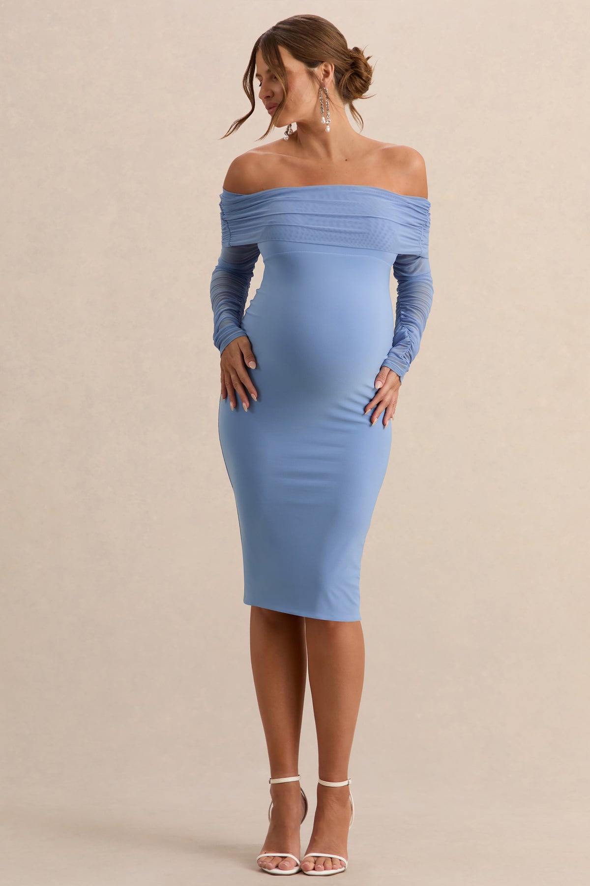 Patiently Waiting Powder Blue Maternity Ruched Mesh Bardot Midi Dres – Club  L London