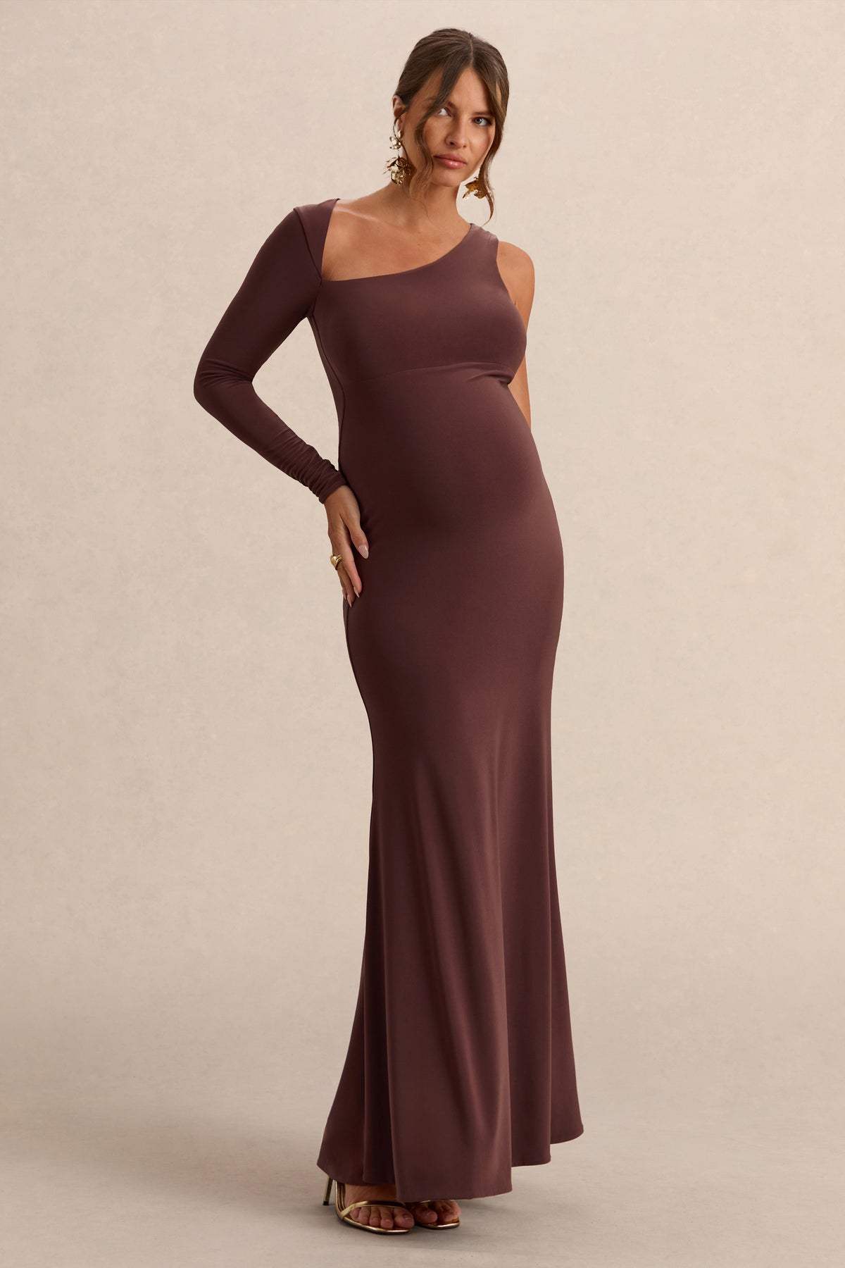 Oh Baby Brown Maternity One Shoulder Bodycon Maxi Dress Club L London - CA Oh Baby Brown Maternity One Shoulder Bodycon Maxi Dress Club L London - CA