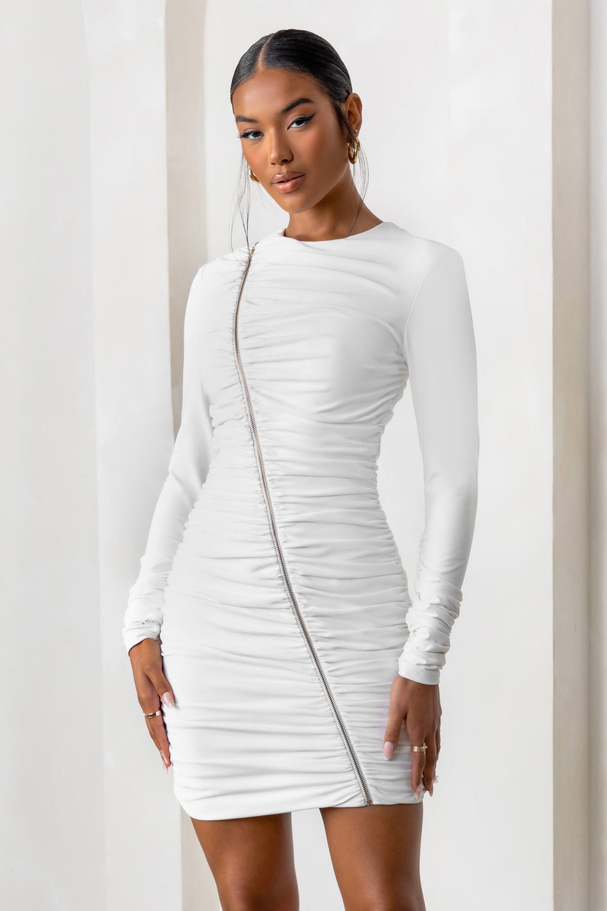 Empowered | White High Neck Long Sleeves Zip Detail Mini Dress