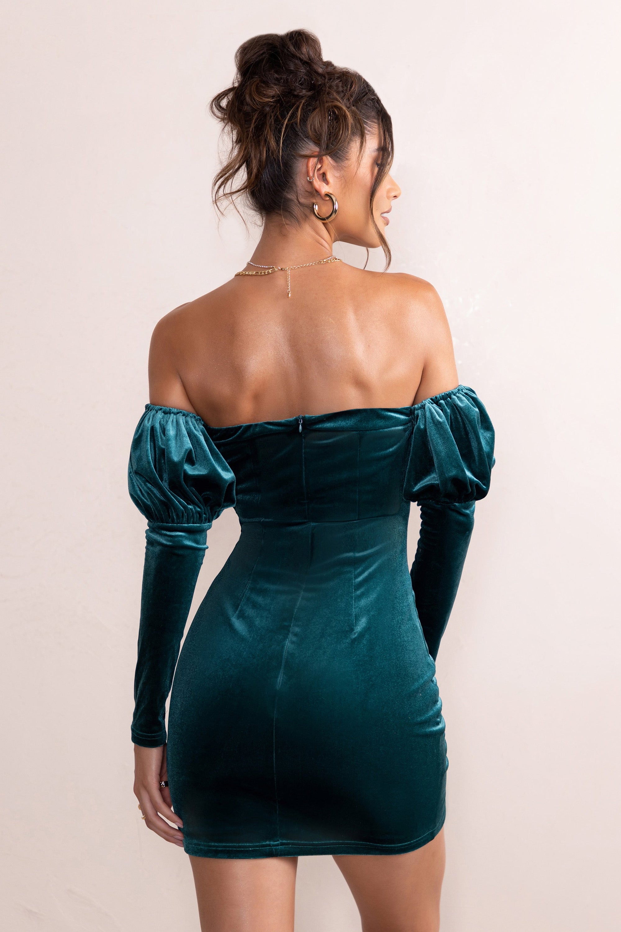 Ivy | Mini-robe en velours sarcelle avec manches bouffantes
