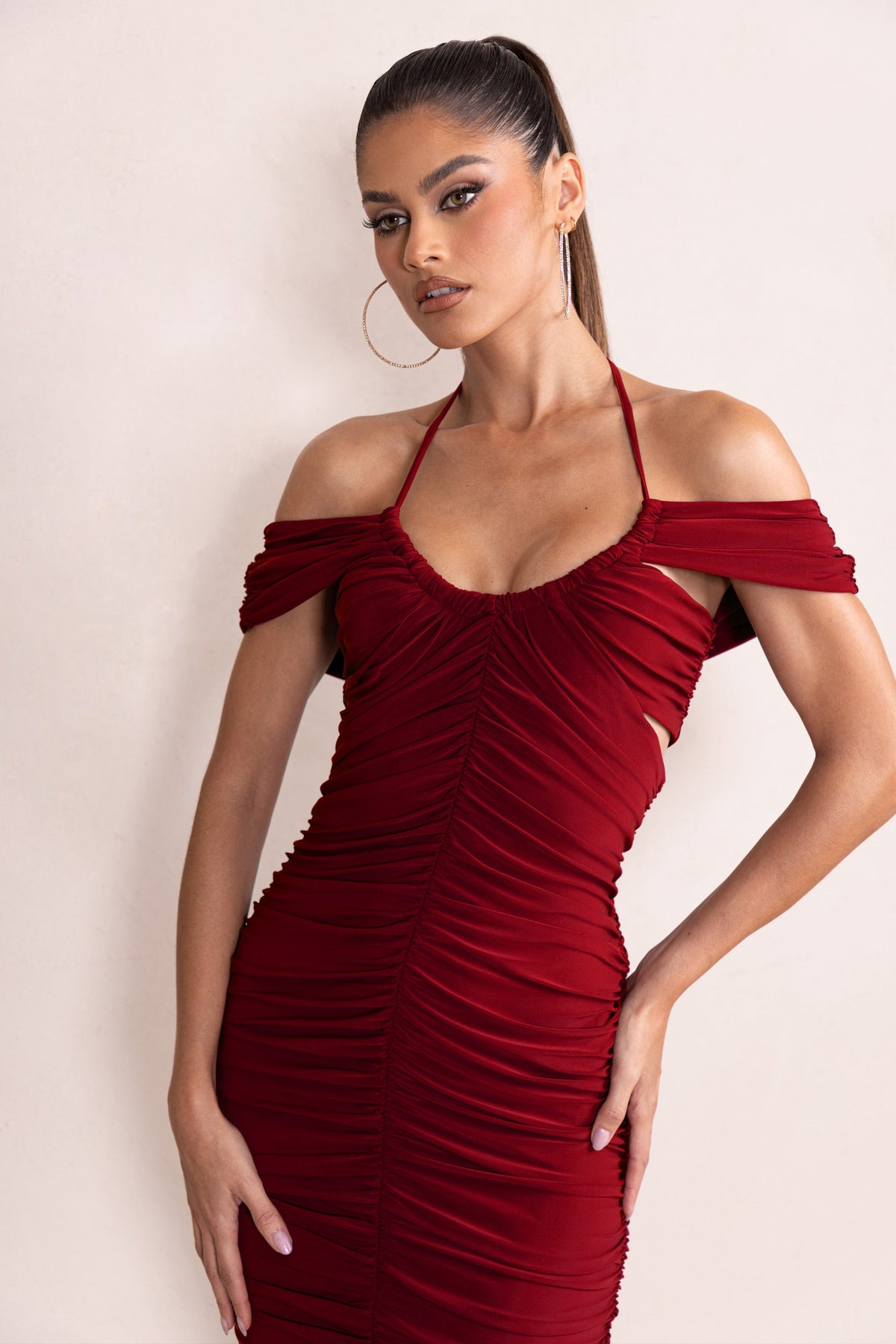 Dulcie | Burgundy Halter Neck Cut Out Ruched Midi Dress