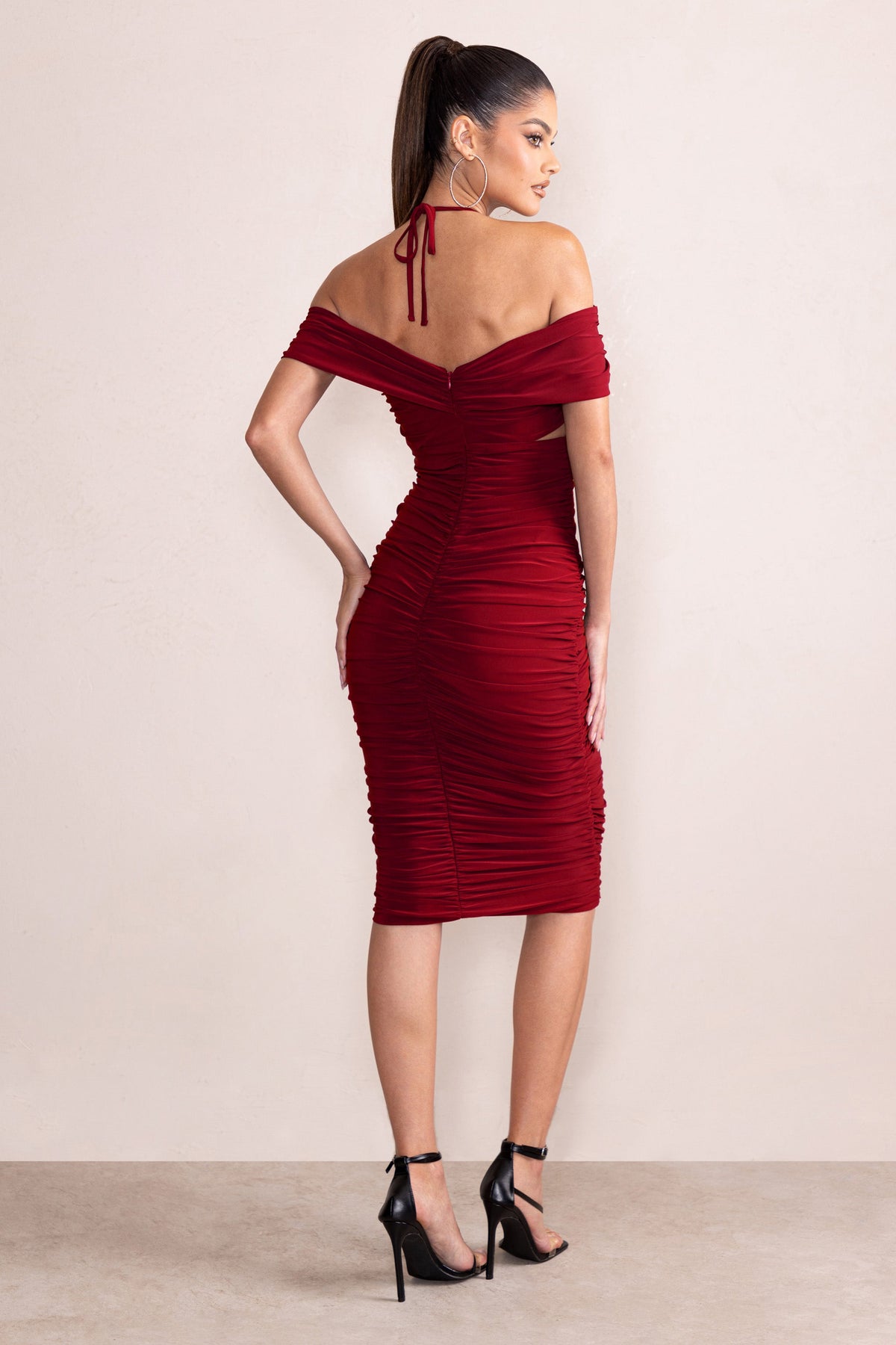 Dulcie | Burgundy Halter Neck Cut Out Ruched Midi Dress