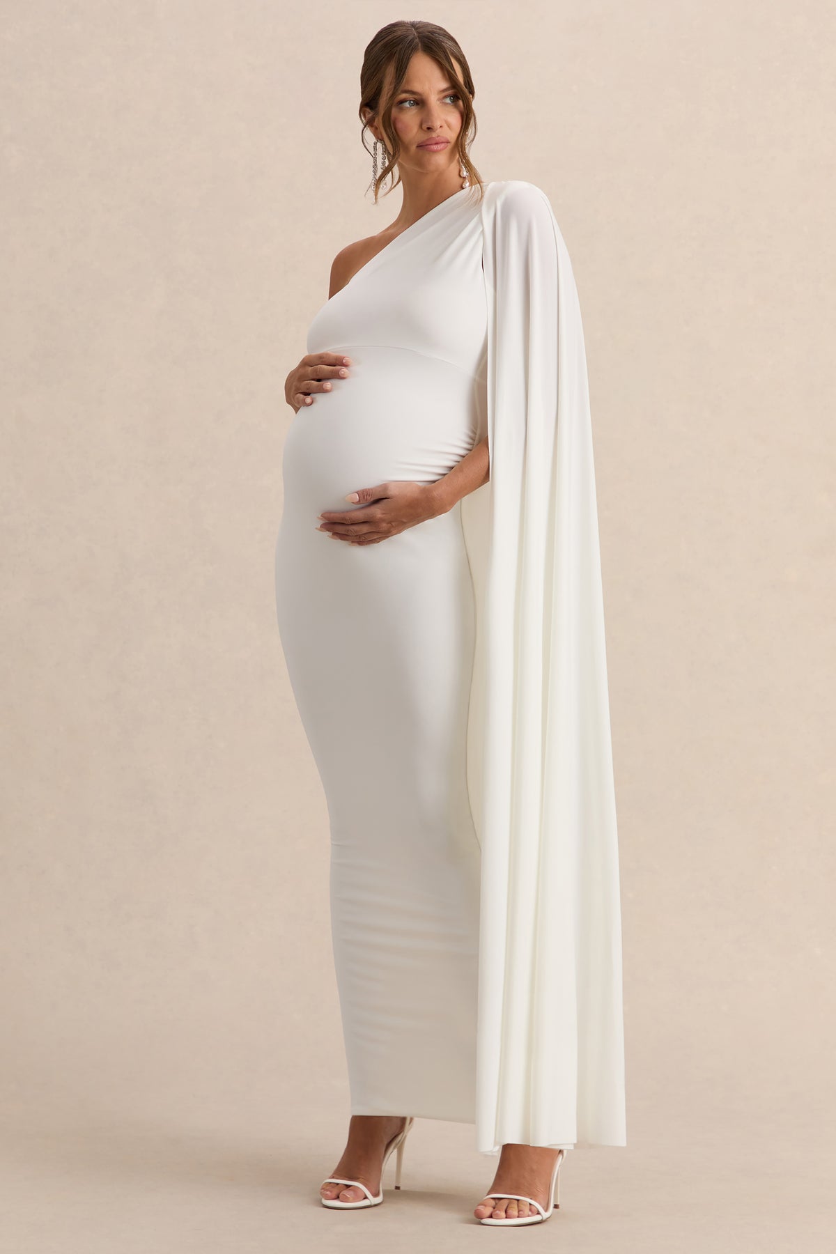 Amaryllis White Maternity One Shoulder Maxi Dress with Cape Sleeve Club L London - CA Amaryllis White Maternity One Shoulder Maxi Dress with Cape Sleeve Club L London - CA