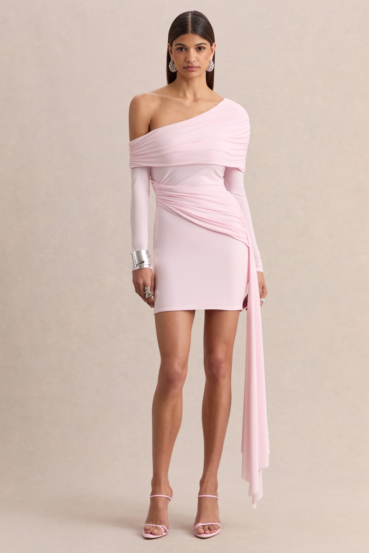 Savita Light Pink Ruched Asymmetric Mini Dress With Drape Club L London - CA Savita Light Pink Ruched Asymmetric Mini Dress With Drape Club L London - CA