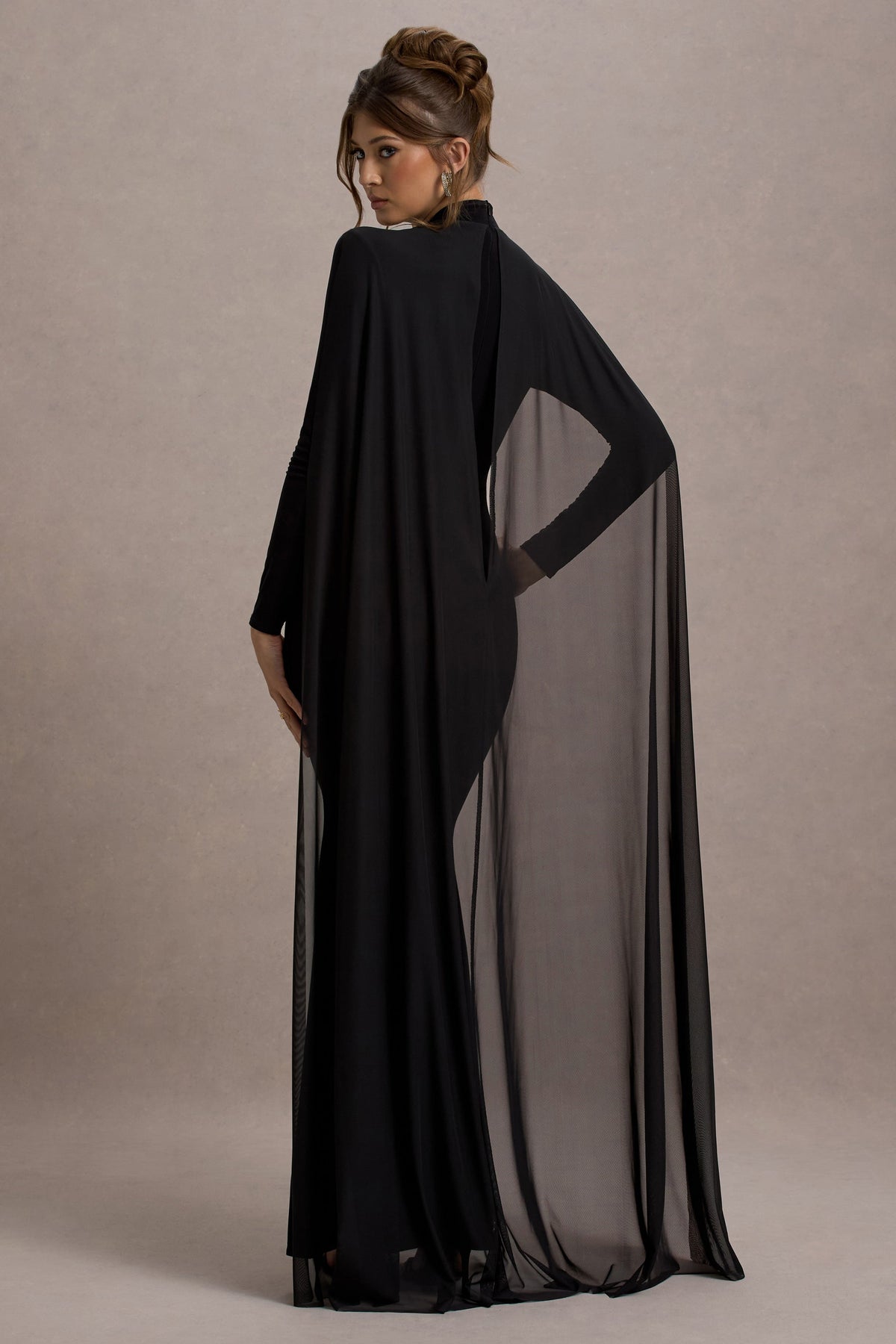 capelet dress long La Nuit Black High-Neck Long-Sleeve Maxi Dress With Cape – Club L London
