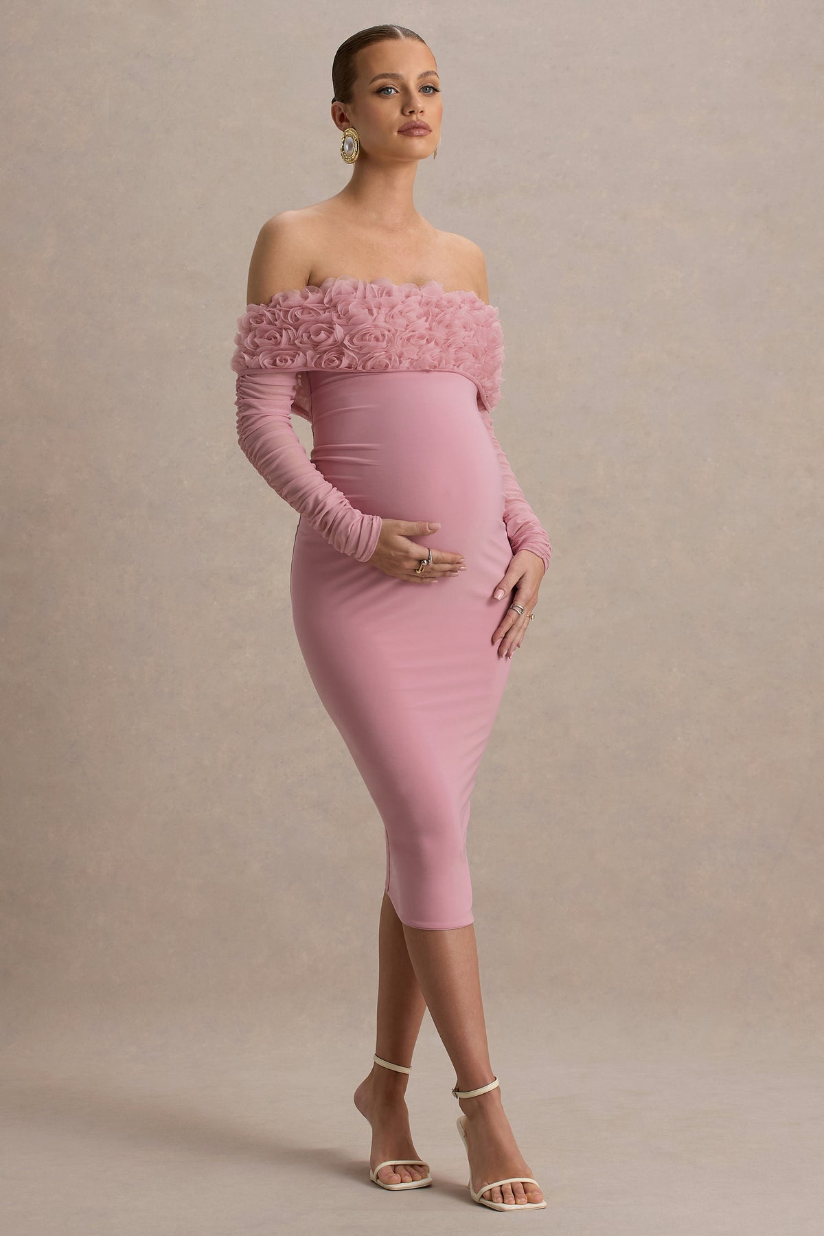 HR_CL135562081 - Adita - Blush Pink Mesh Floral Bardot Maternity Midi Dress 10.jpg