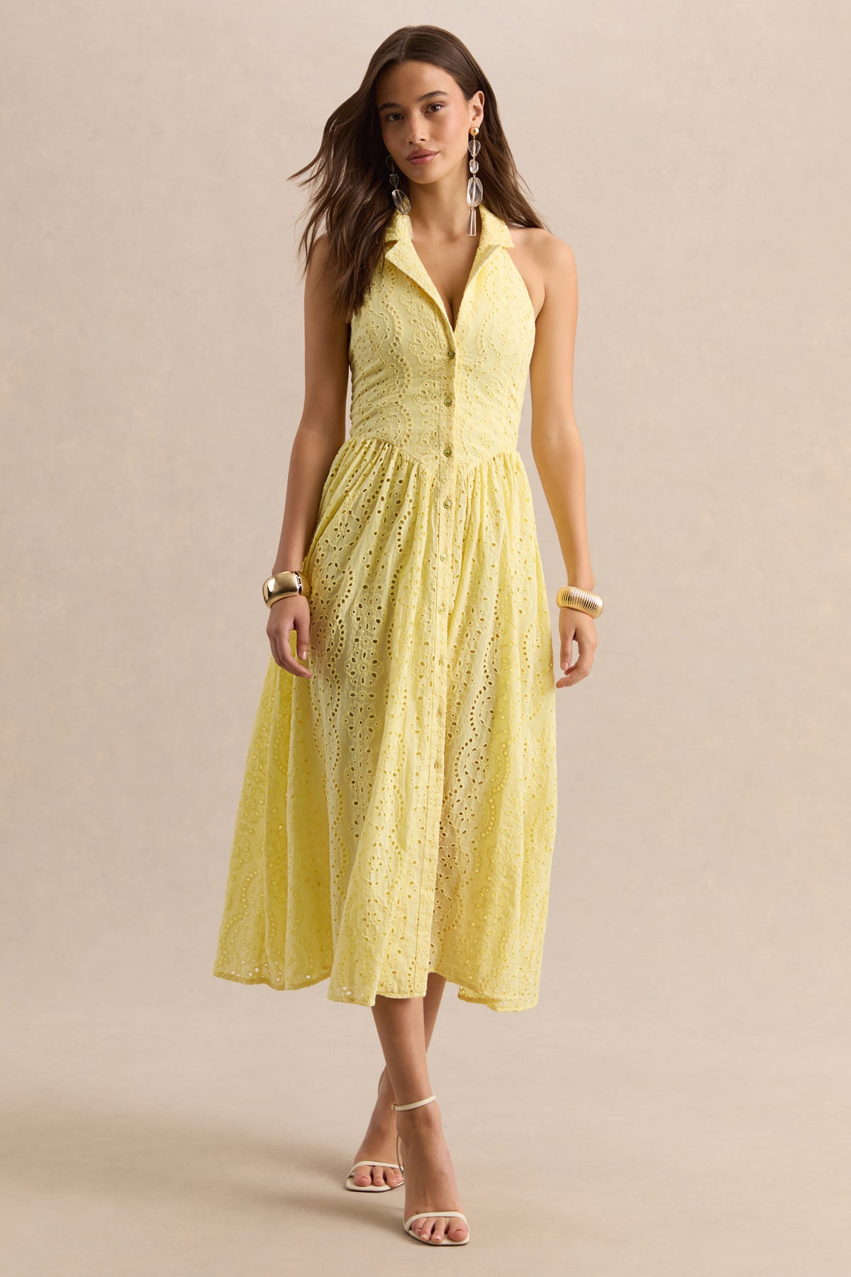 Jezebel Yellow Lace Plunge-Neck Collared Midi Dress Club L London - CA Jezebel Yellow Lace Plunge-Neck Collared Midi Dress Club L London - CA