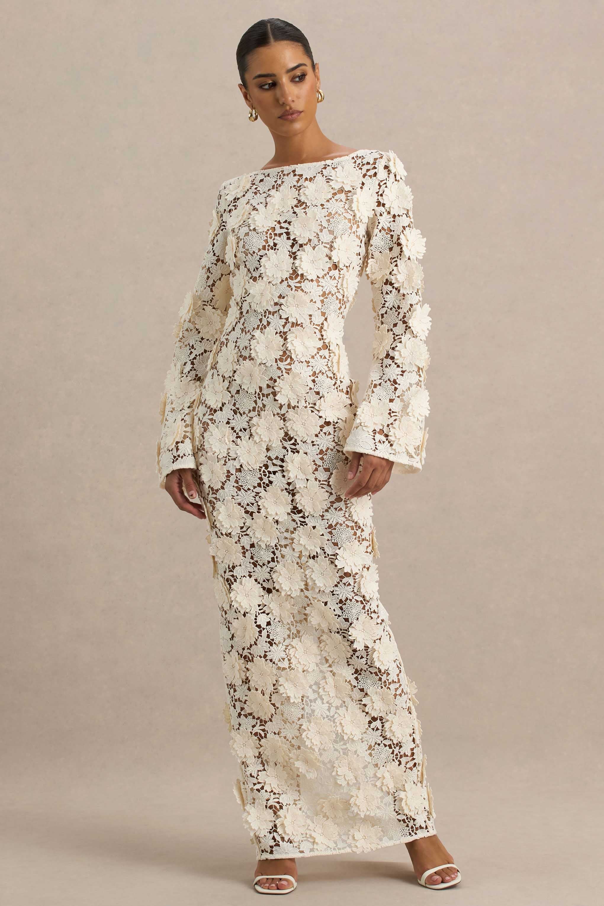 Viper | Cream Lace Long-Sleeve Maxi Dress – Club L London - CA