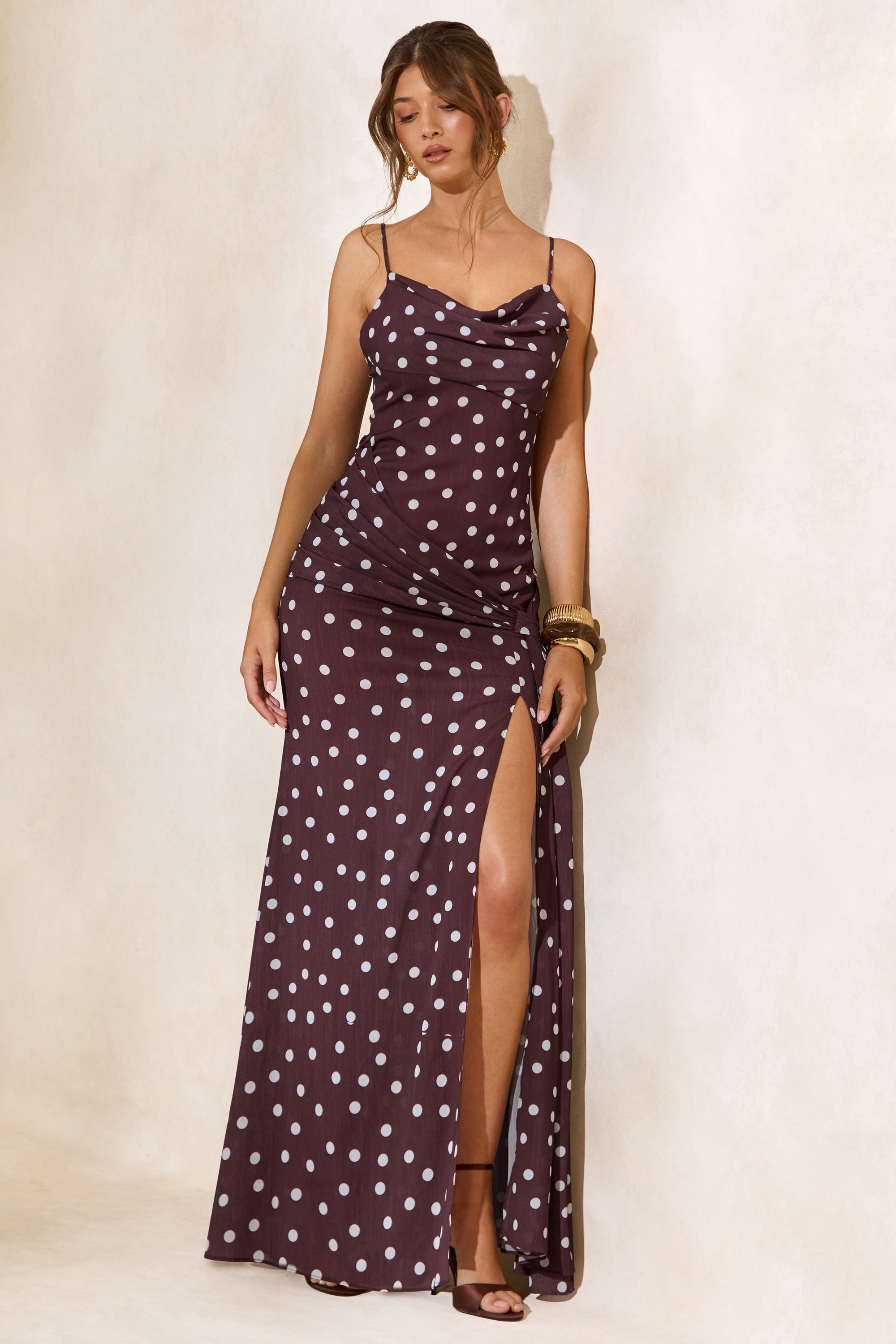 CL136244022 - Virtue _ Brown & White Polka Dot Cowl-Neck Fishtail Maxi Dress With Split 6.jpg