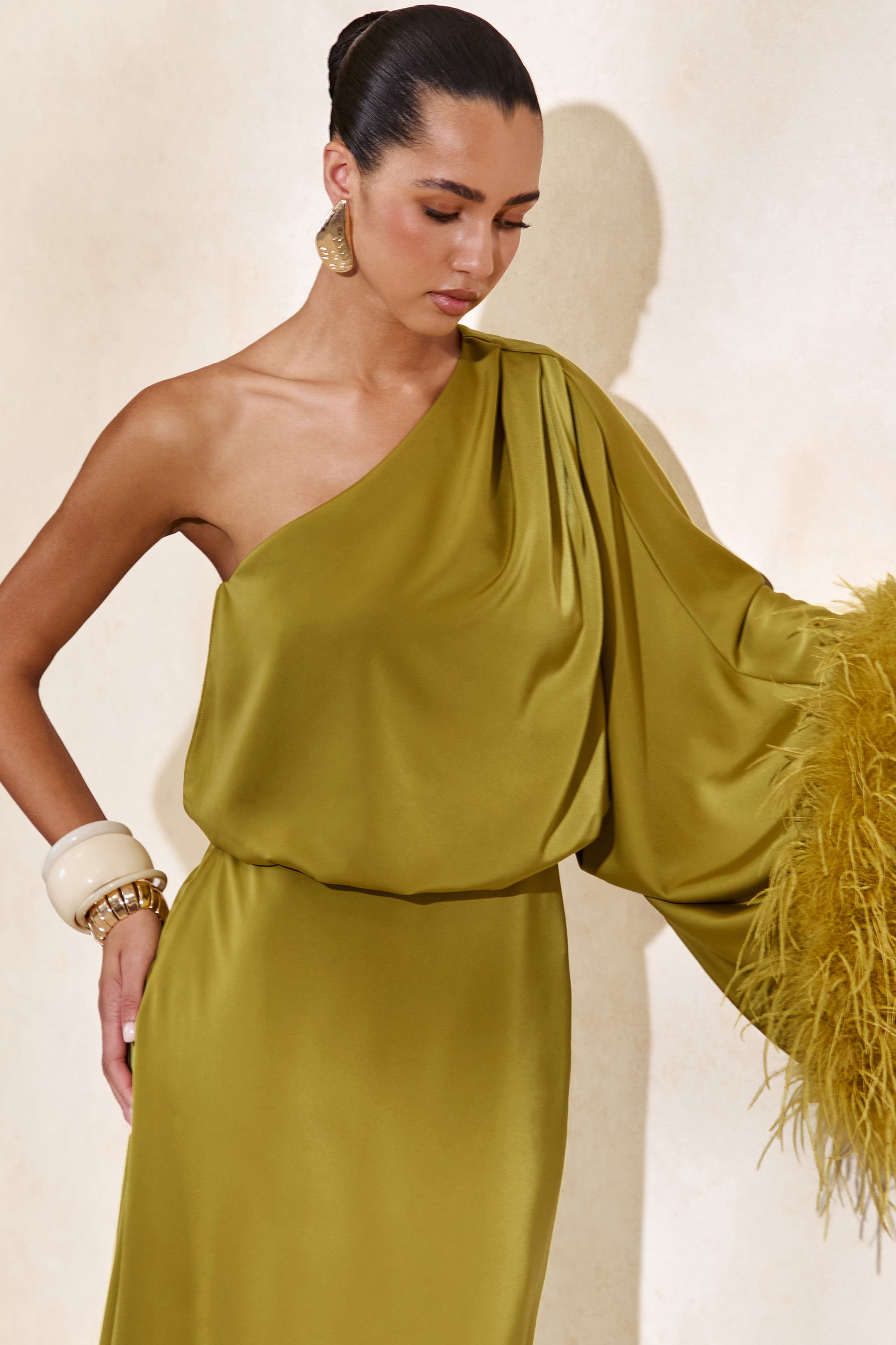 CL136380031 - Felicity _ Olive Satin Asymmetric-Neck Maxi Dress With Feather Detailing5.jpg