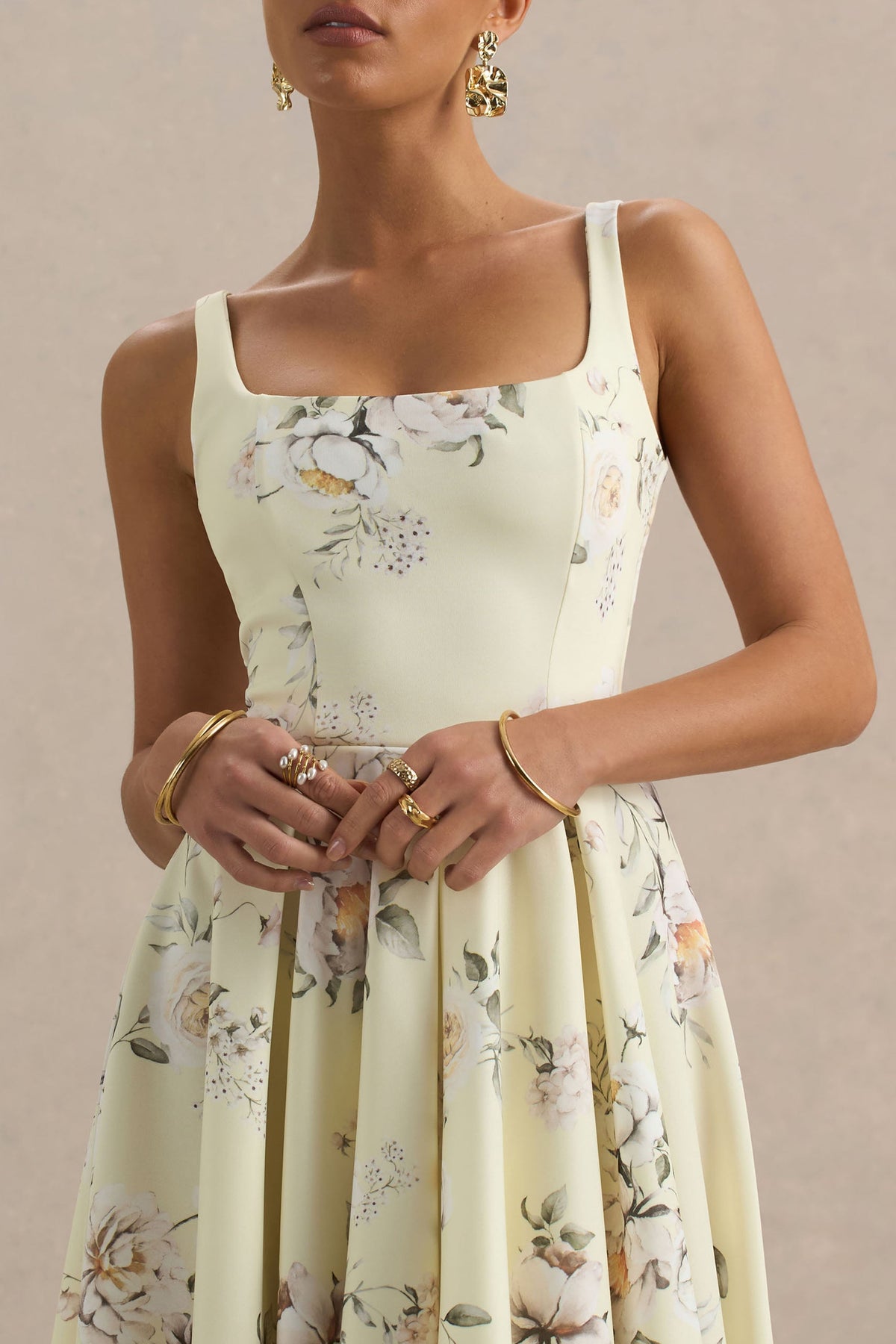 Lissa | Lemon Floral Bouquet Print Square-Neck Midi Dress US 12 / LEMON FLORAL BOUQUET PRINT Lissa | Lemon Floral Bouquet Print Square-Neck Midi Dress US 12 / LEMON FLORAL BOUQUET PRINT