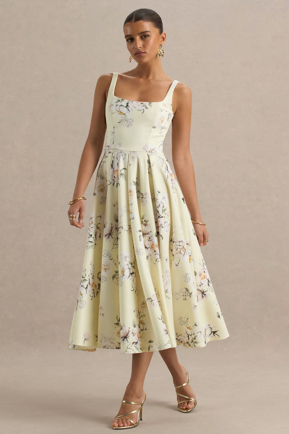 Lissa | Lemon Floral Bouquet Print Square-Neck Midi Dress US 12 / LEMON FLORAL BOUQUET PRINT Lissa | Lemon Floral Bouquet Print Square-Neck Midi Dress US 12 / LEMON FLORAL BOUQUET PRINT