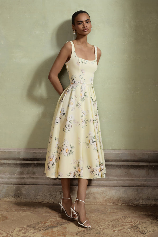 Lissa Lemon Floral Bouquet Print Square-Neck Midi Dress – Club L