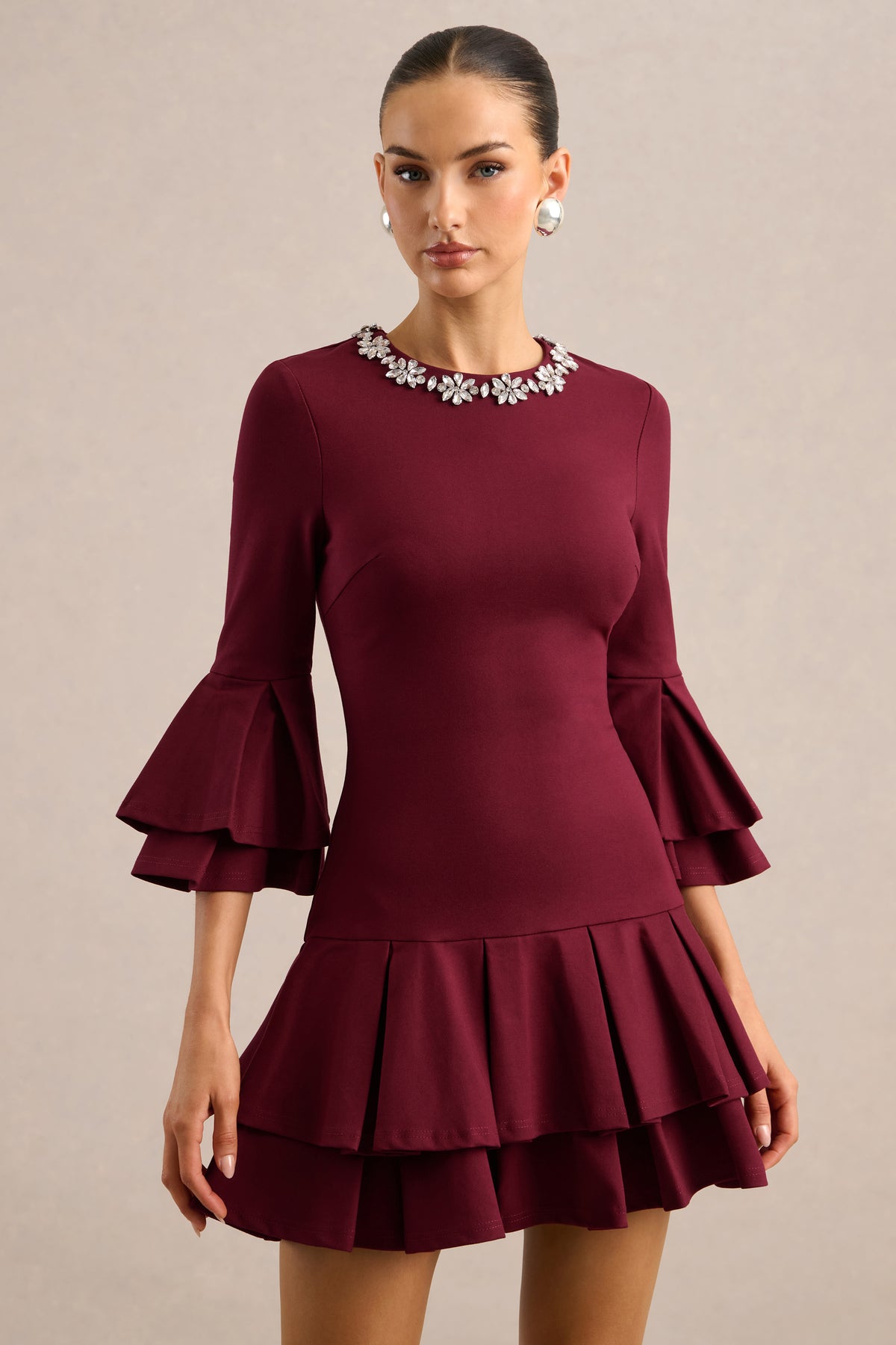 ECM_HR_CL136745069 - Mirna _ Burgundy Crew-Neck Mini Dress With Bell Sleeves And Ruffled Detailing2.jpg