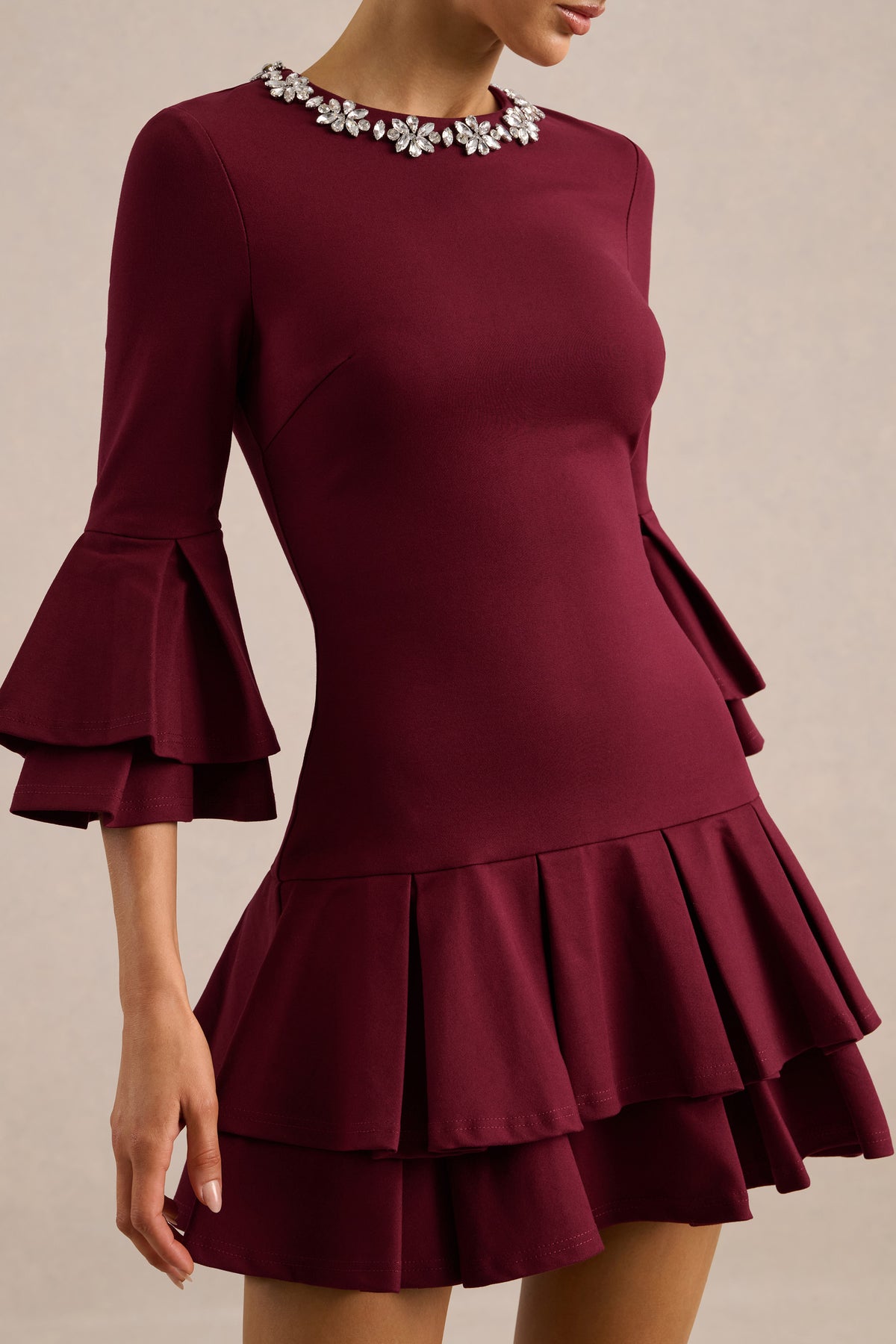 ECM_HR_CL136745069 - Mirna _ Burgundy Crew-Neck Mini Dress With Bell Sleeves And Ruffled Detailing3.jpg