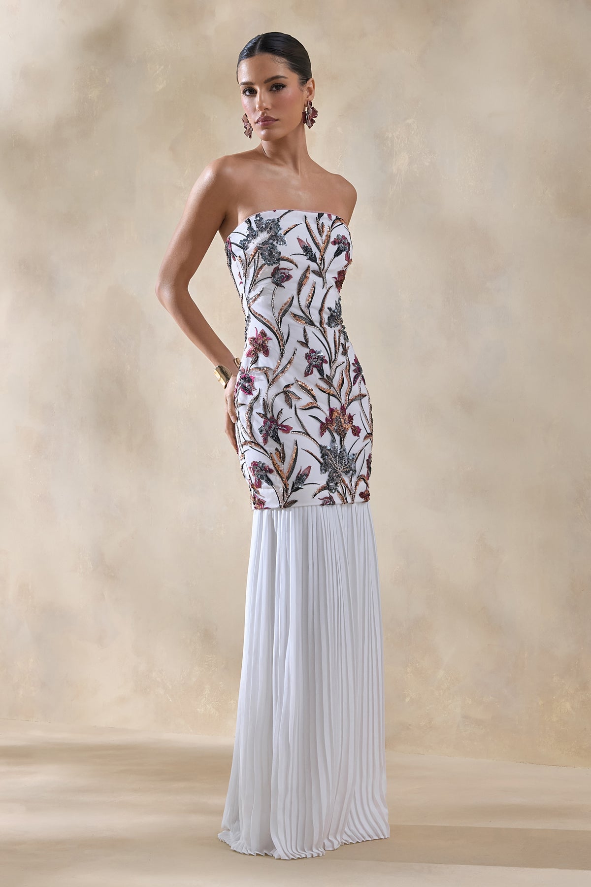 Denise Cream Sequin Floral Bandeau-Neck Embellished Maxi Dress With  Club  L London - CA