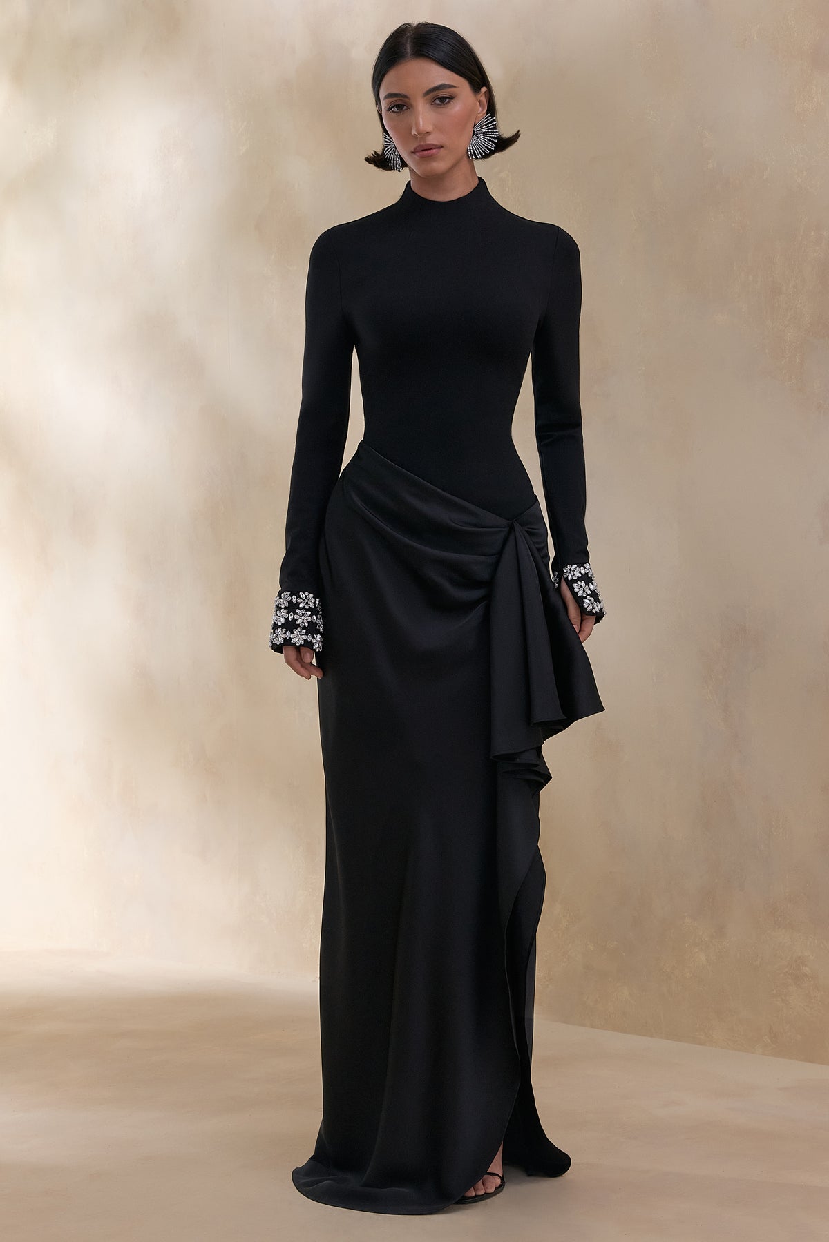 ECM_HR_CL136771002 Starred _ Black Crew-Neck Maxi Dress With Drop-Waist And Satin Wrap-Skirt 2.jpg
