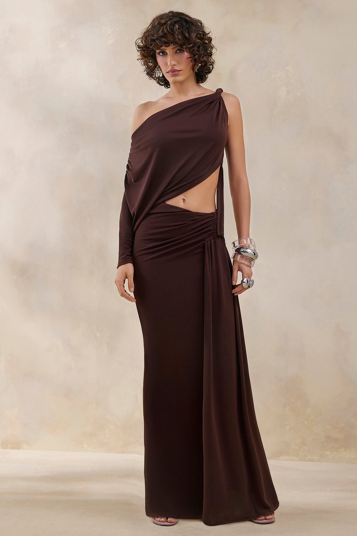 Layla Brown Asymmetric-Neck Wrap Maxi Dress With Body Cut-Out And Ru Club L London - CA Layla Brown Asymmetric-Neck Wrap Maxi Dress With Body Cut-Out And Ru Club L London - CA