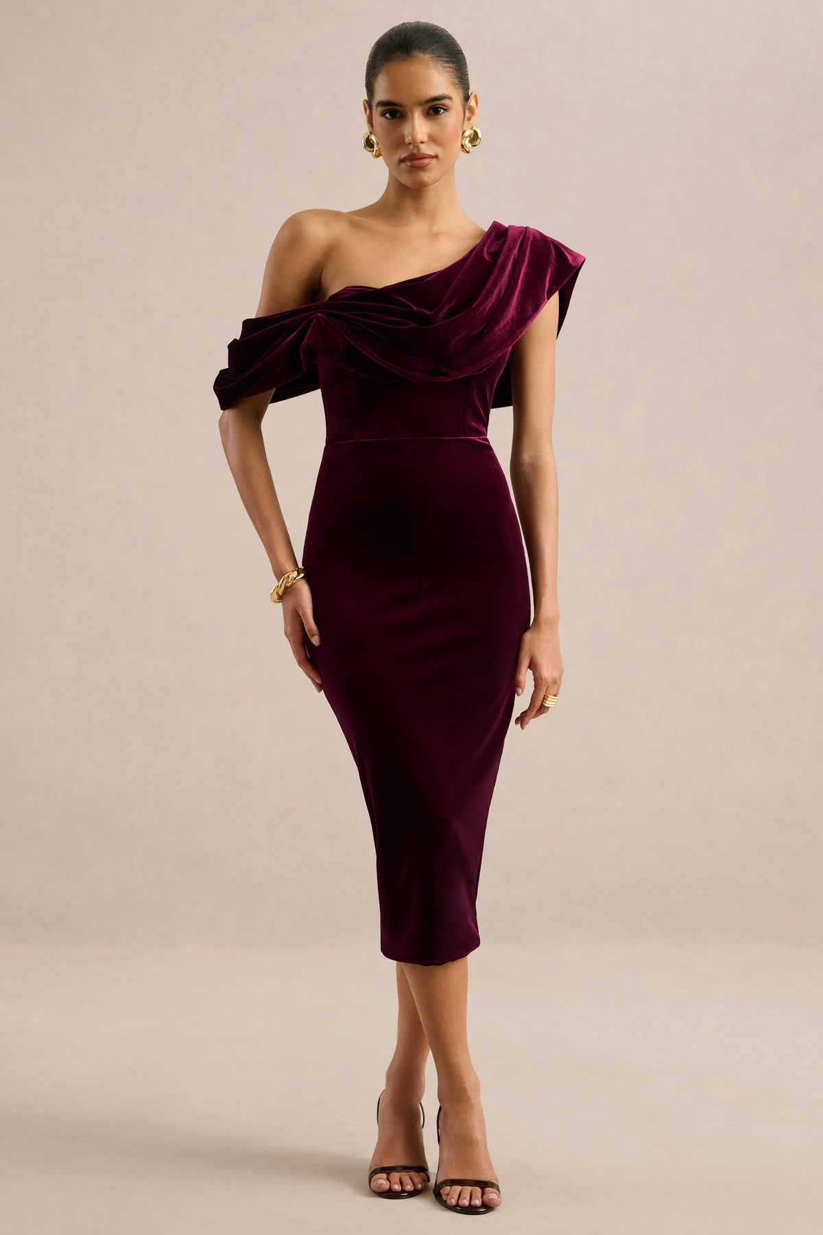 ECM_HR_CL136897101 - High End _ Burgundy Velvet Asymmetric-Neck Midi Dress With Draped Detailing2.jpg