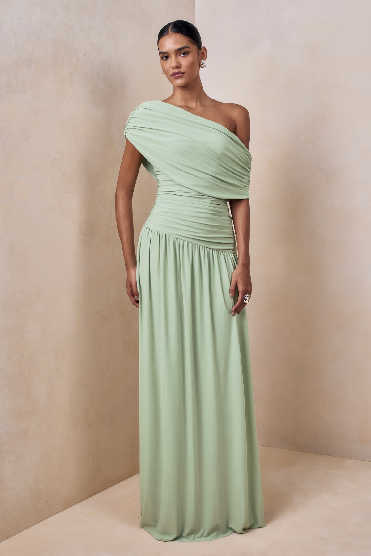 Emberly Green Draped Asymmetric-Neck Maxi Dress With Drop-Waist Club L London - CA Emberly Green Draped Asymmetric-Neck Maxi Dress With Drop-Waist Club L London - CA