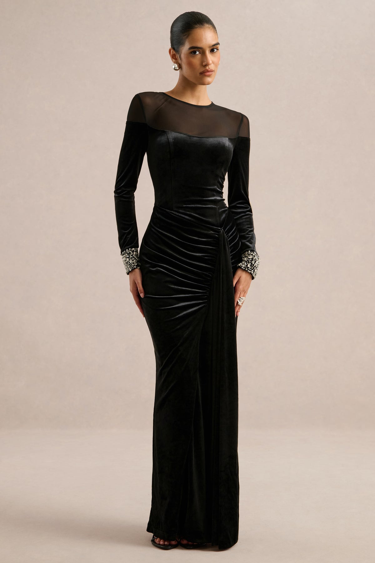ECM_HR_CL136959002 - Perrin _ Black Velvet Crew-Neck Maxi Dress With Embellished Cuffs1.jpg
