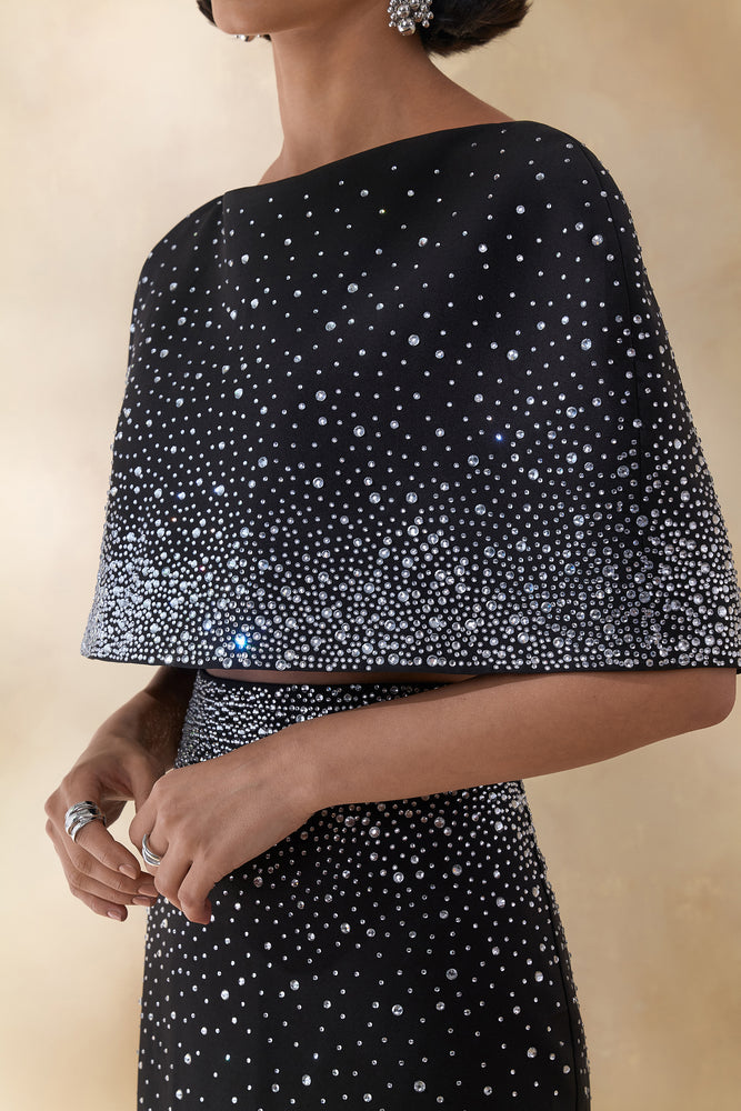 Luxy Black Embellished Boat-Neck Crop-Top With Cape-Sleeves – Club