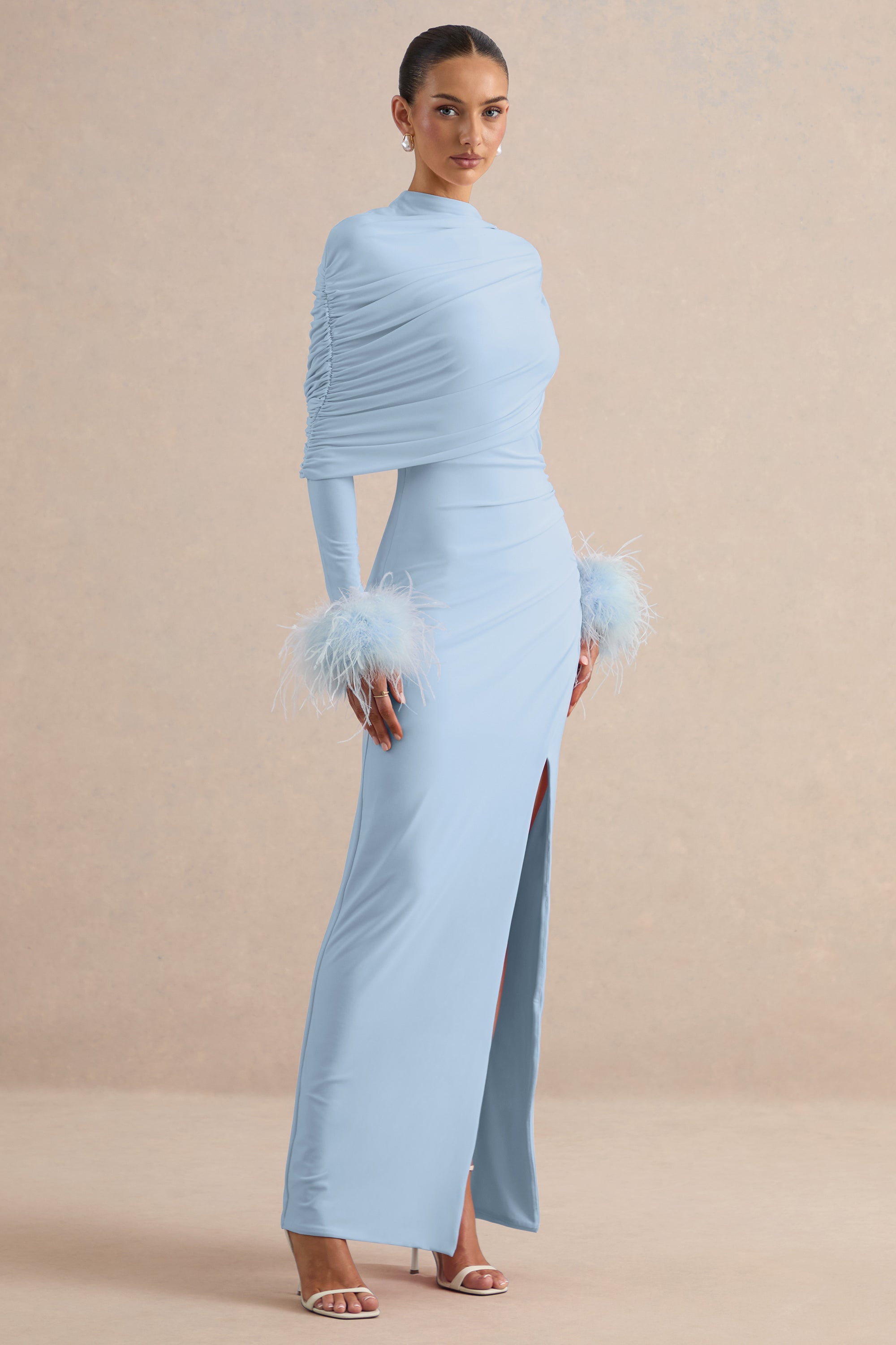CL136990013  - Gatsby | Light Blue High-Neck Maxi Dress With Feather Trim Cuffs + CL138534013 - Gatsby | Light Blue Feather Trim Cuffs 2.jpg