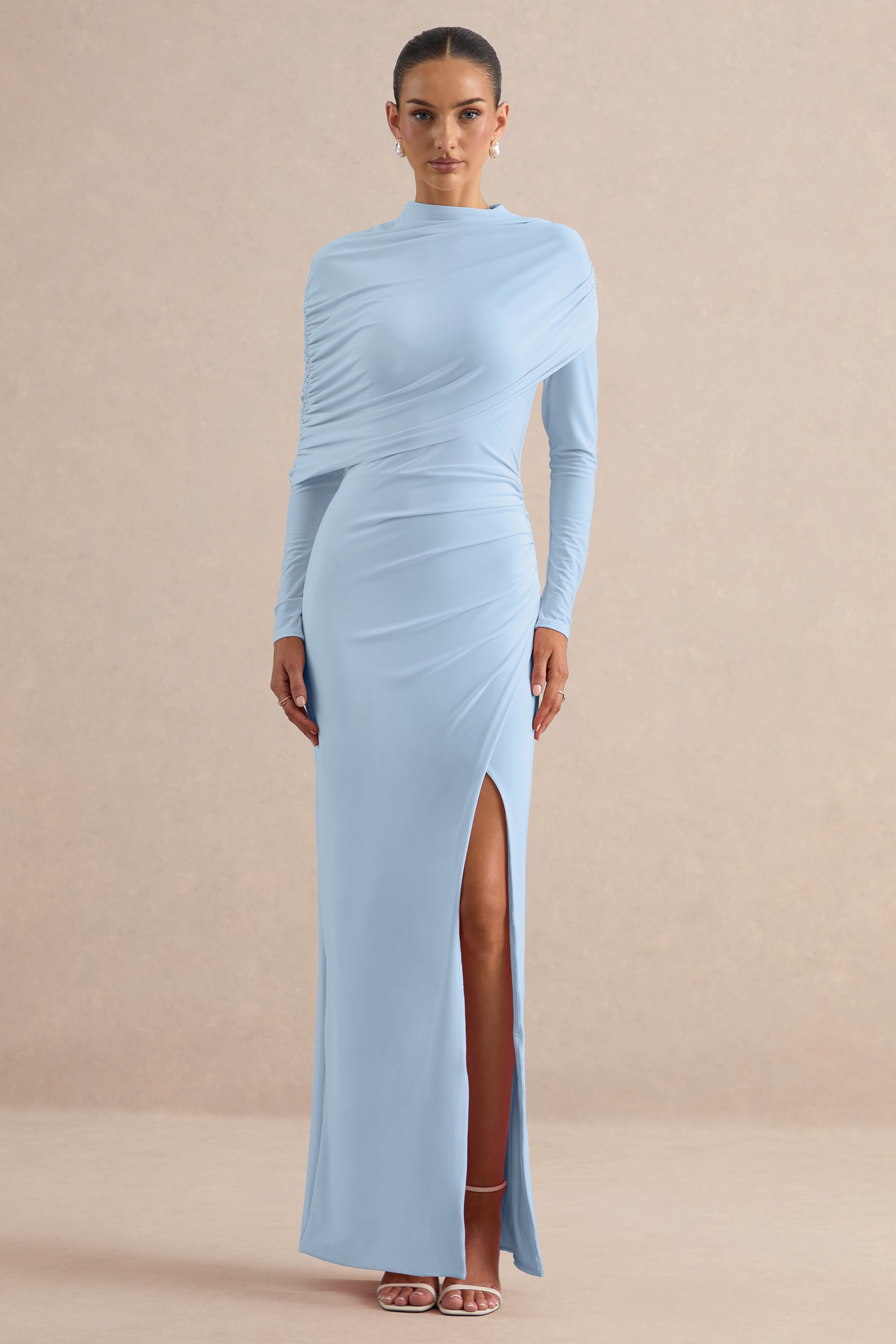 CL136990013  - Gatsby | Light Blue High-Neck Maxi Dress With Feather Trim Cuffs + CL138534013 - Gatsby | Light Blue Feather Trim Cuffs 3.jpg