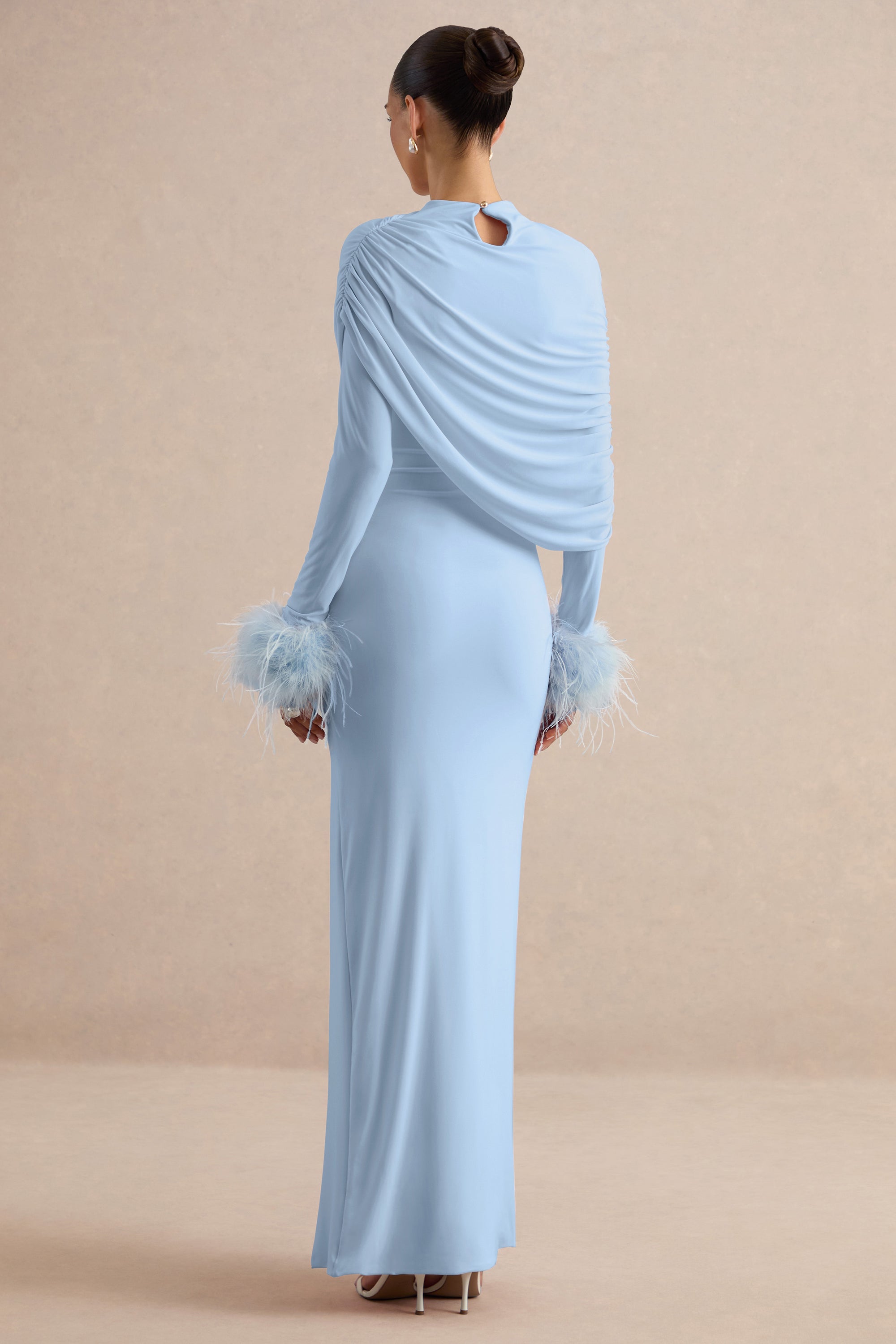 CL136990013  - Gatsby | Light Blue High-Neck Maxi Dress With Feather Trim Cuffs + CL138534013 - Gatsby | Light Blue Feather Trim Cuffs 6.jpg