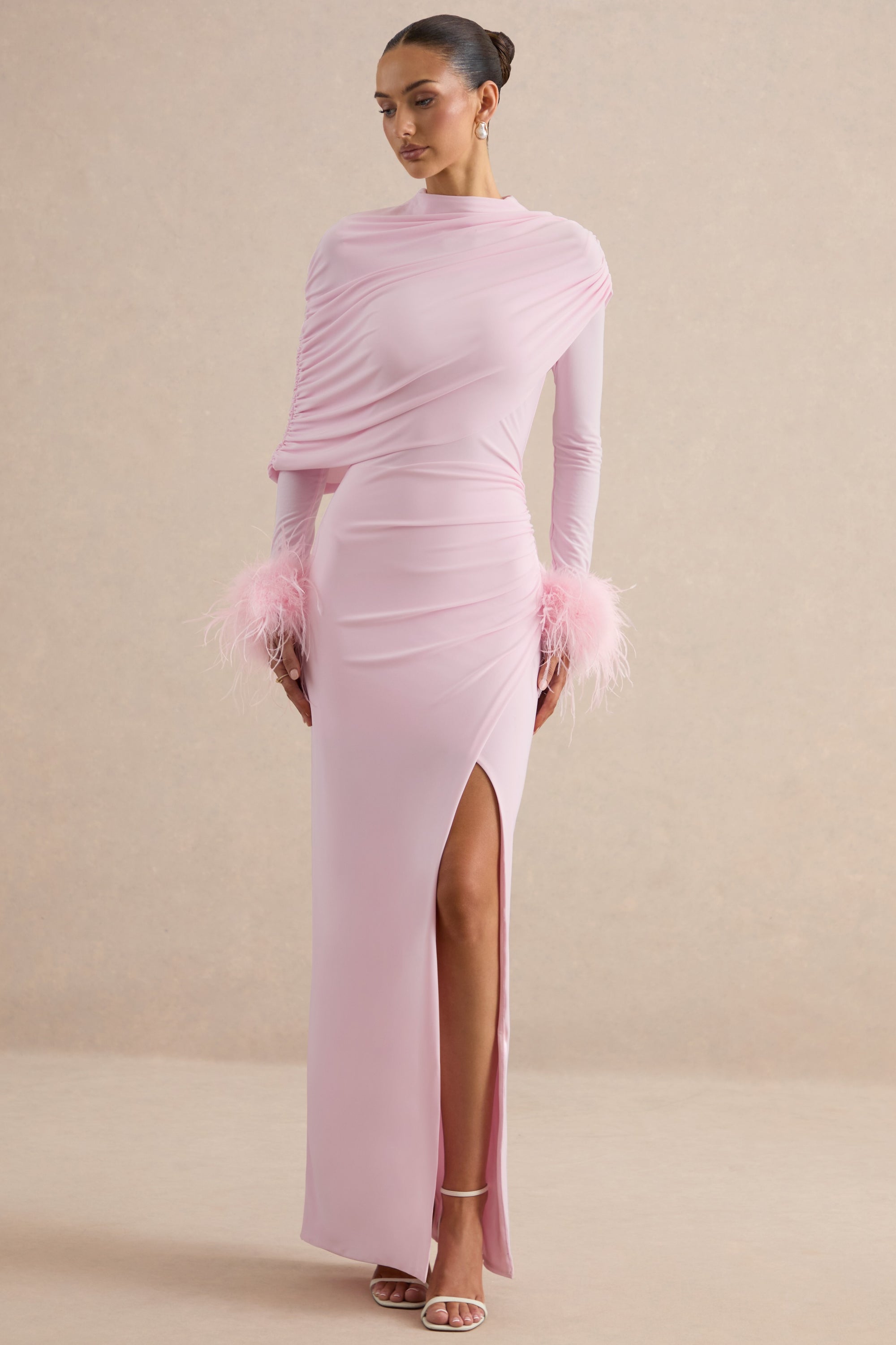 ECM_HR_CL136990081 - Gatsby | Light Pink High-Neck Maxi Dress With Feather Trim Cuffs + CL138534081 - Gatsby | Light Pink Feather Trim Cuffs 0.jpg