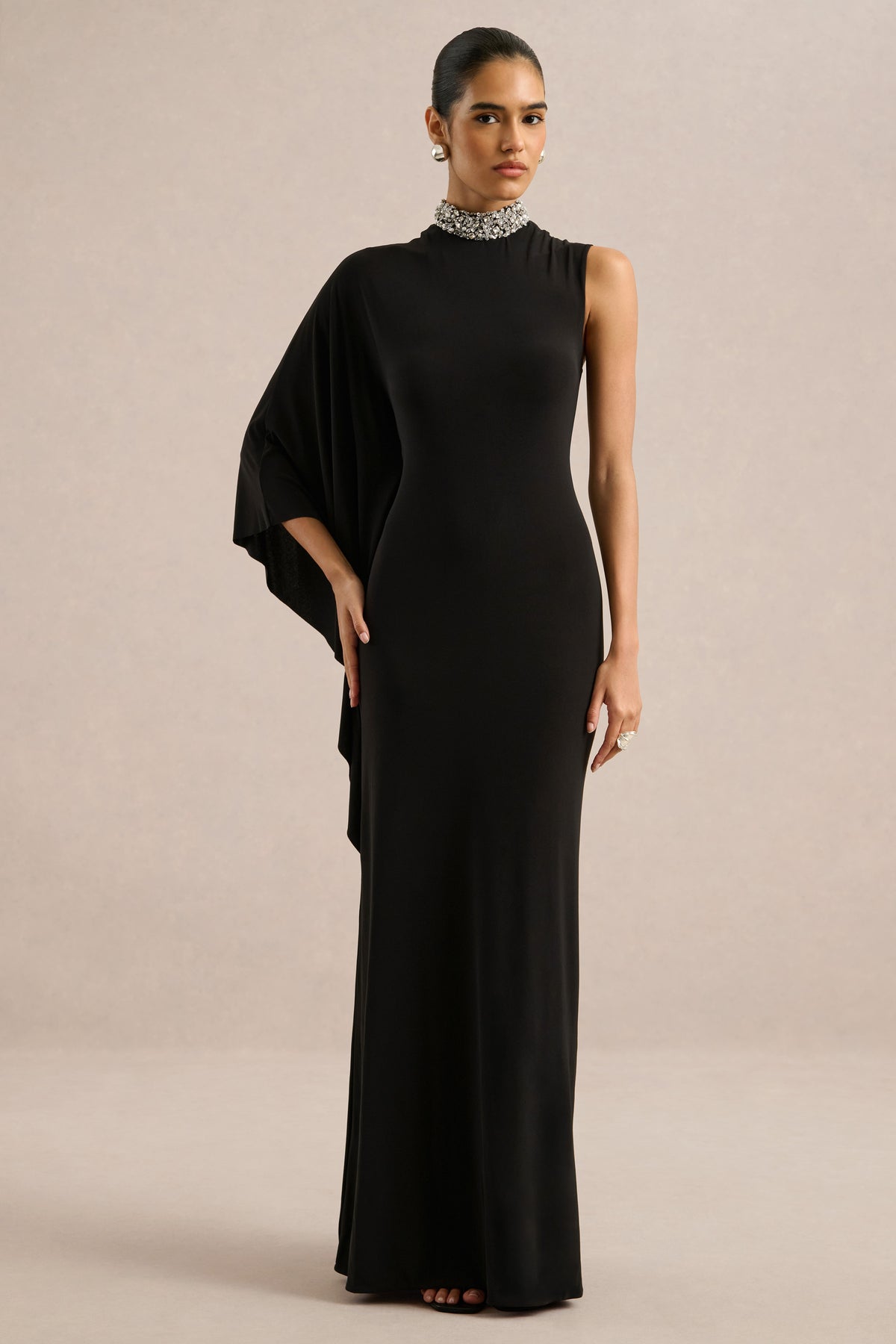 ECM_HR_CL136995002 - Oriana _ Black Embellished High-Neck Maxi Dress With One-Cape Sleeve1.jpg
