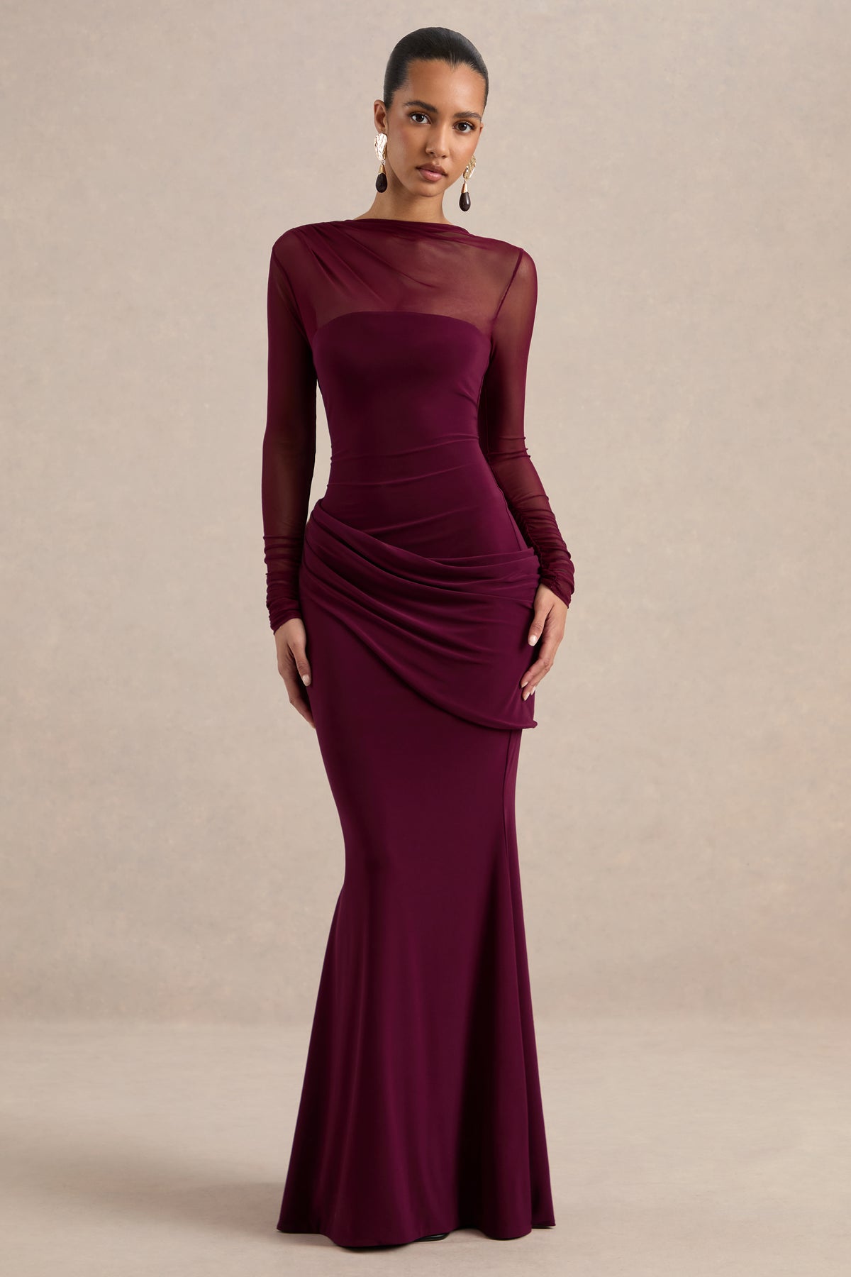 ECM_HR_CL136998102 Deema | Burgundy Jersey High Neck Long Sleeve Maxi Dress With Ruching.jpg