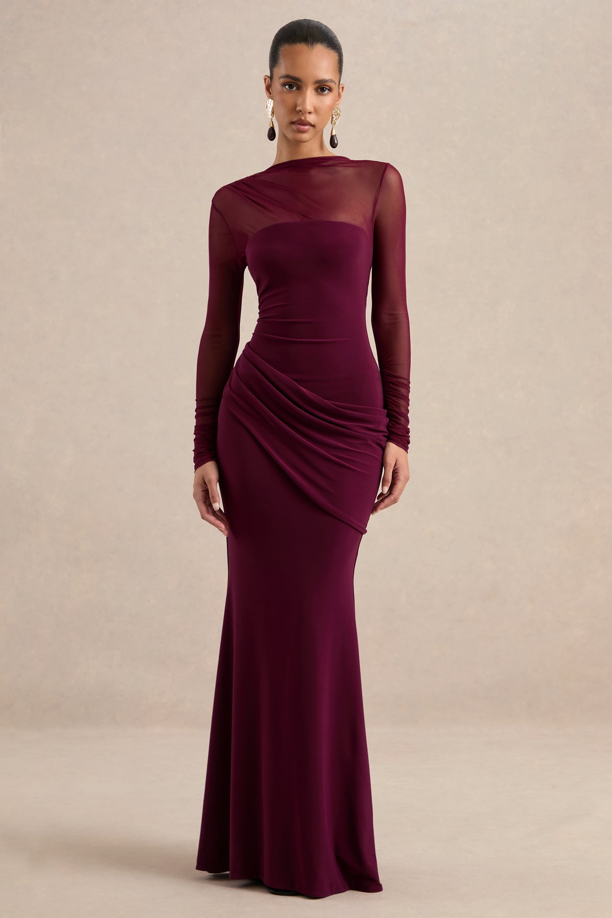 ECM_HR_CL136998102 Deema | Burgundy Jersey High Neck Long Sleeve Maxi Dress With Ruching (2).jpg