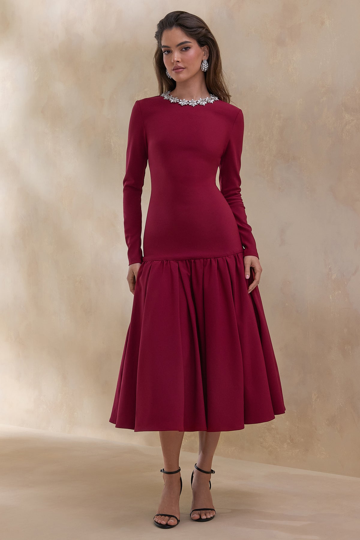 ECM_HR_CL137003069 Jovana _ Burgundy Embellished Crew-Neck Midi Dress With Drop Waist 0.jpg