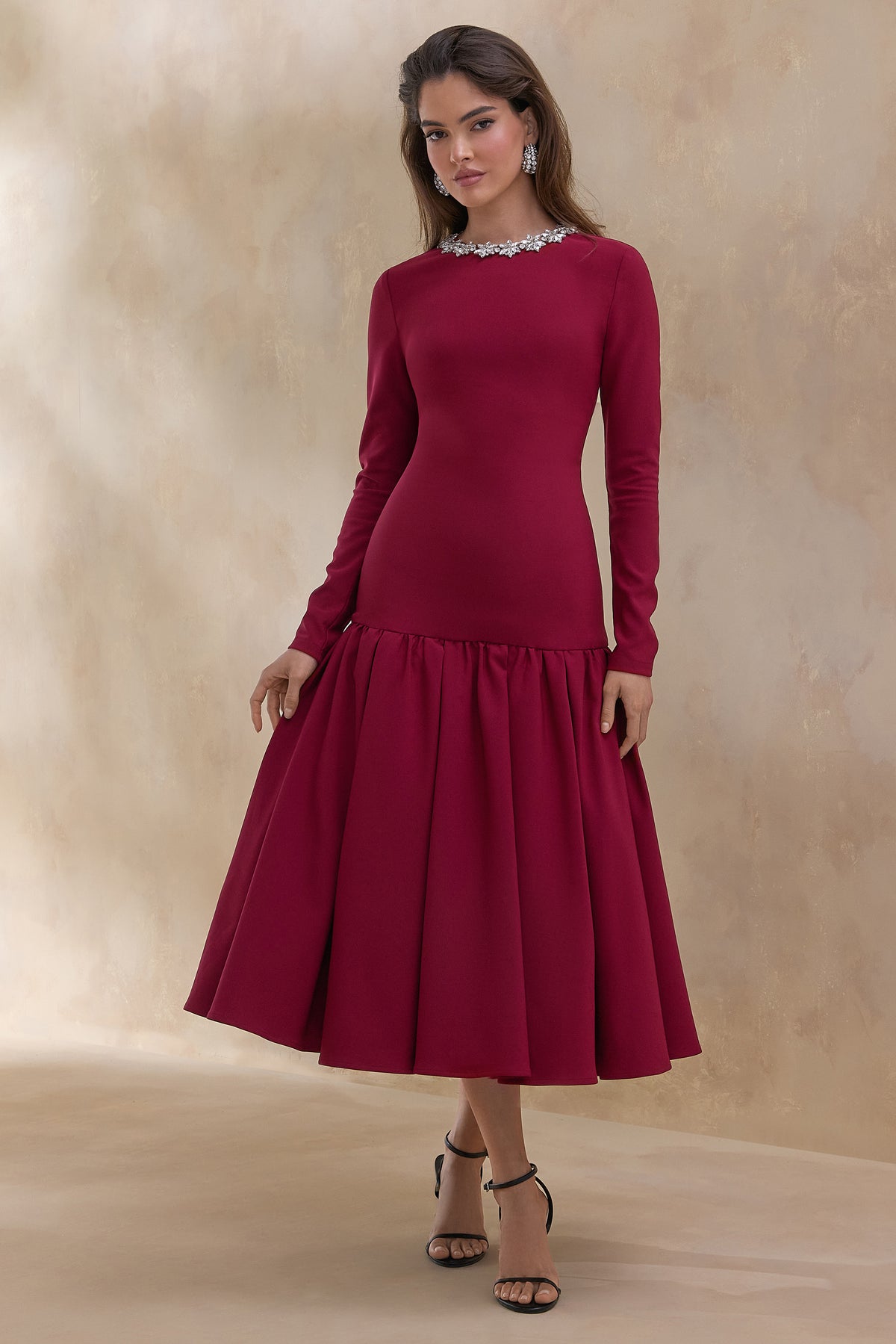 ECM_HR_CL137003069 Jovana _ Burgundy Embellished Crew-Neck Midi Dress With Drop Waist 2.jpg