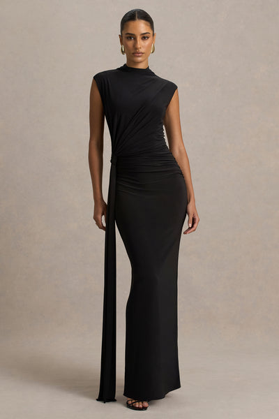 Solene Black High-Neck Maxi Dress With Wrap And Drape Detail – Club L  London