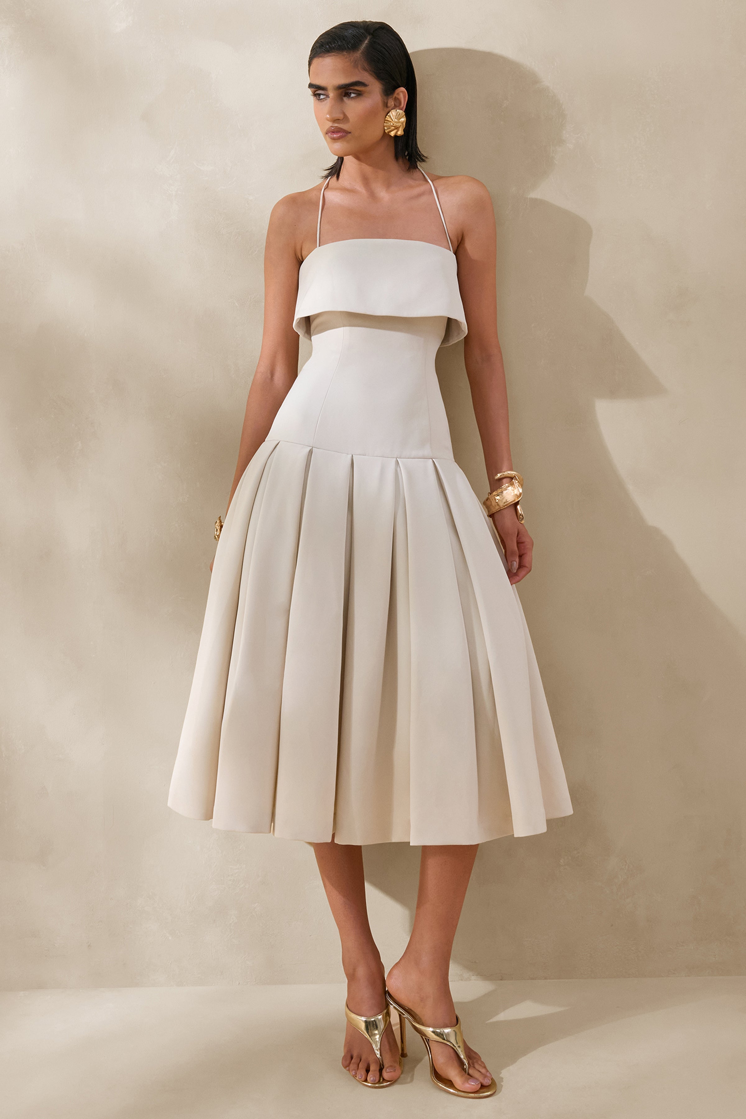 Dazira | Cream Square-Neck Midi Dress With Drop-Waist – Club L