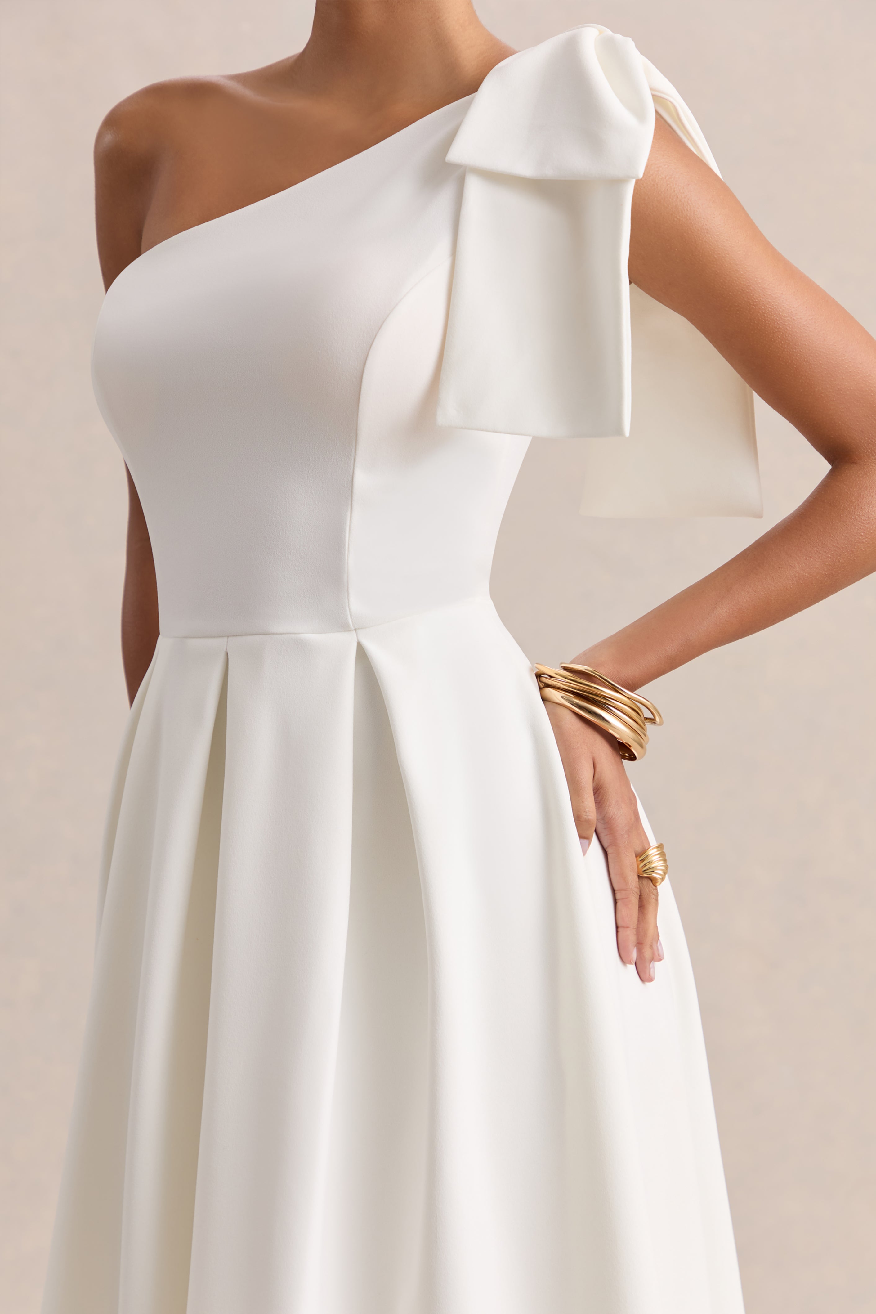 Meria | White Asymmetric-Neck Midi Dress With Bow-Sleeve – Club L