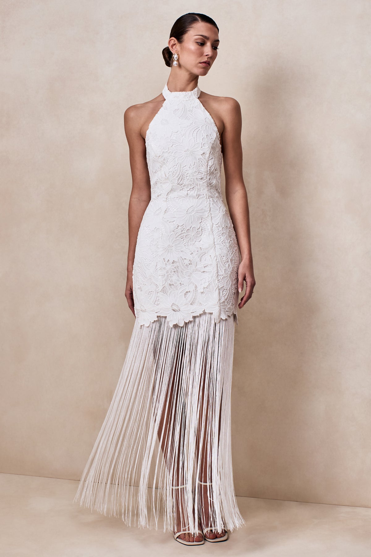 Skylar White Lace Halter-Neck Maxi Dress With Open-Back And Bow Deta – Club L London Skylar White Lace Halter-Neck Maxi Dress With Open-Back And Bow Deta – Club L London