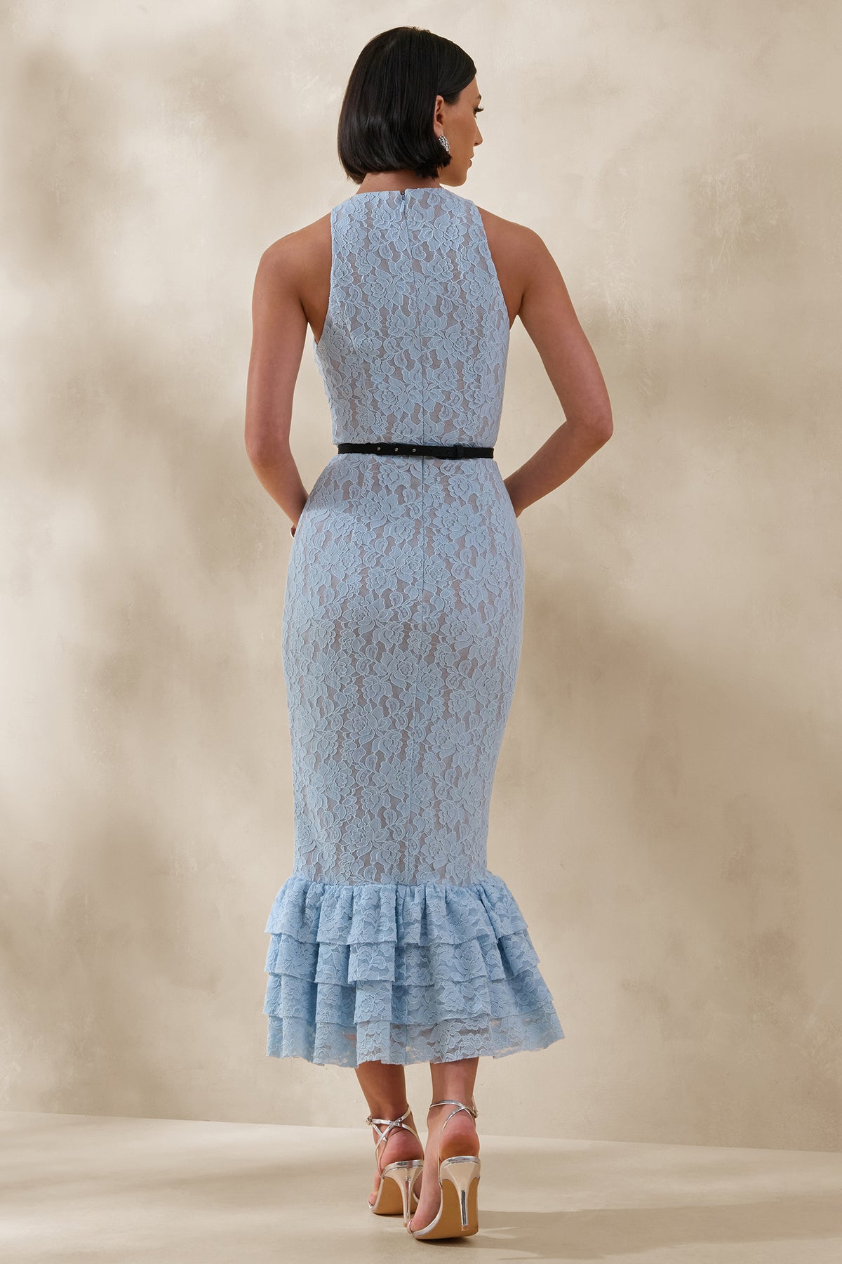 Vionna Blue Lace High-Neck Midi Dress With Bow-Belt Detail – Club L London 