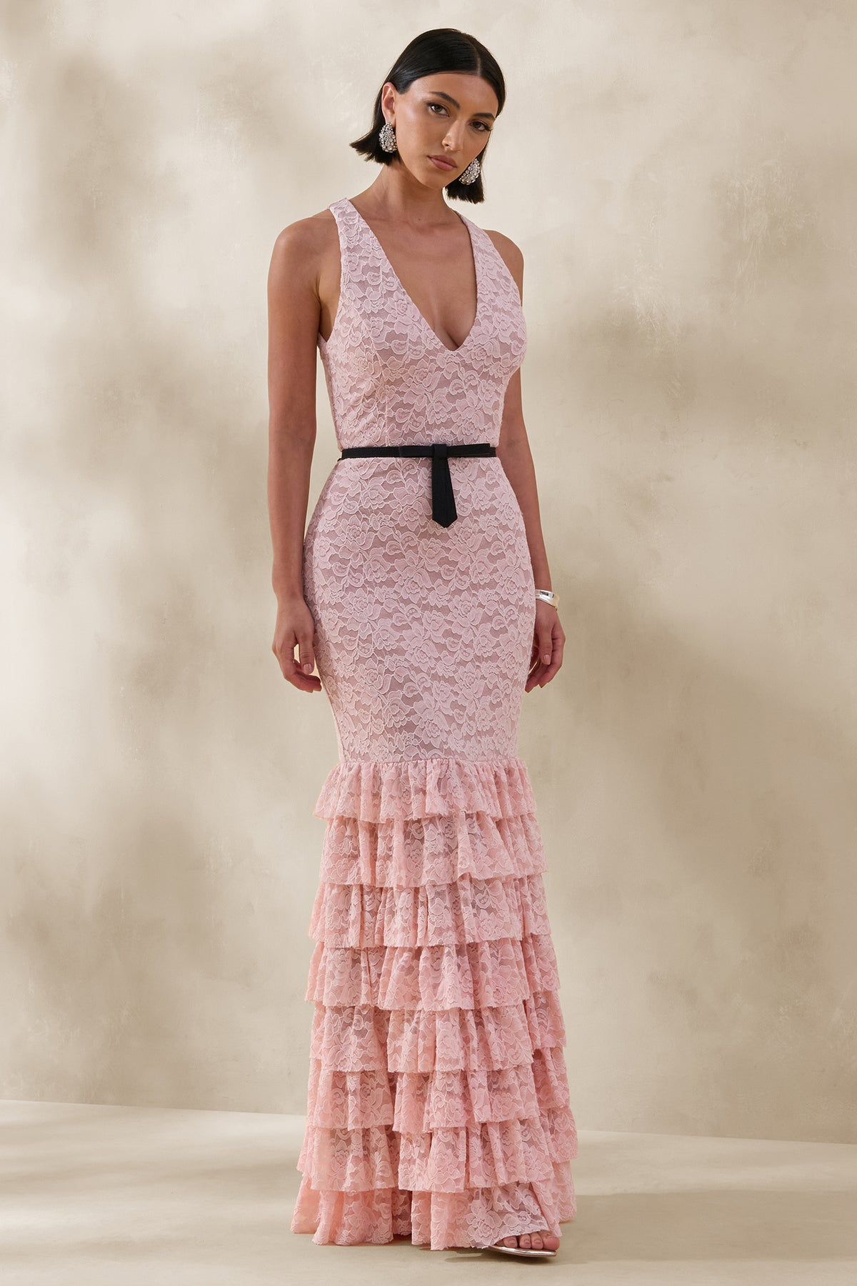 pink and black lace dress Isoria Pink And Black Lace Halter-Neck Maxi Dress With Bow-Belt Deta – Club L London