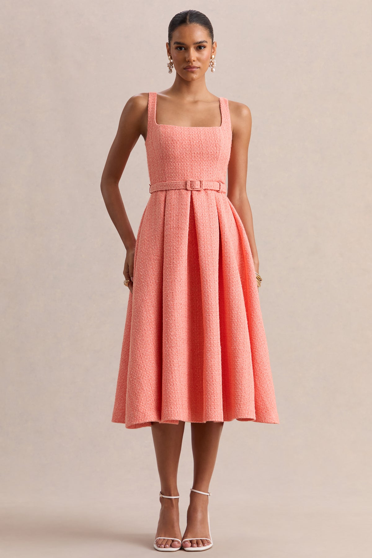 Camoria Coral Boucle Square-Neck Midi Dress Club L London - CA Camoria Coral Boucle Square-Neck Midi Dress Club L London - CA