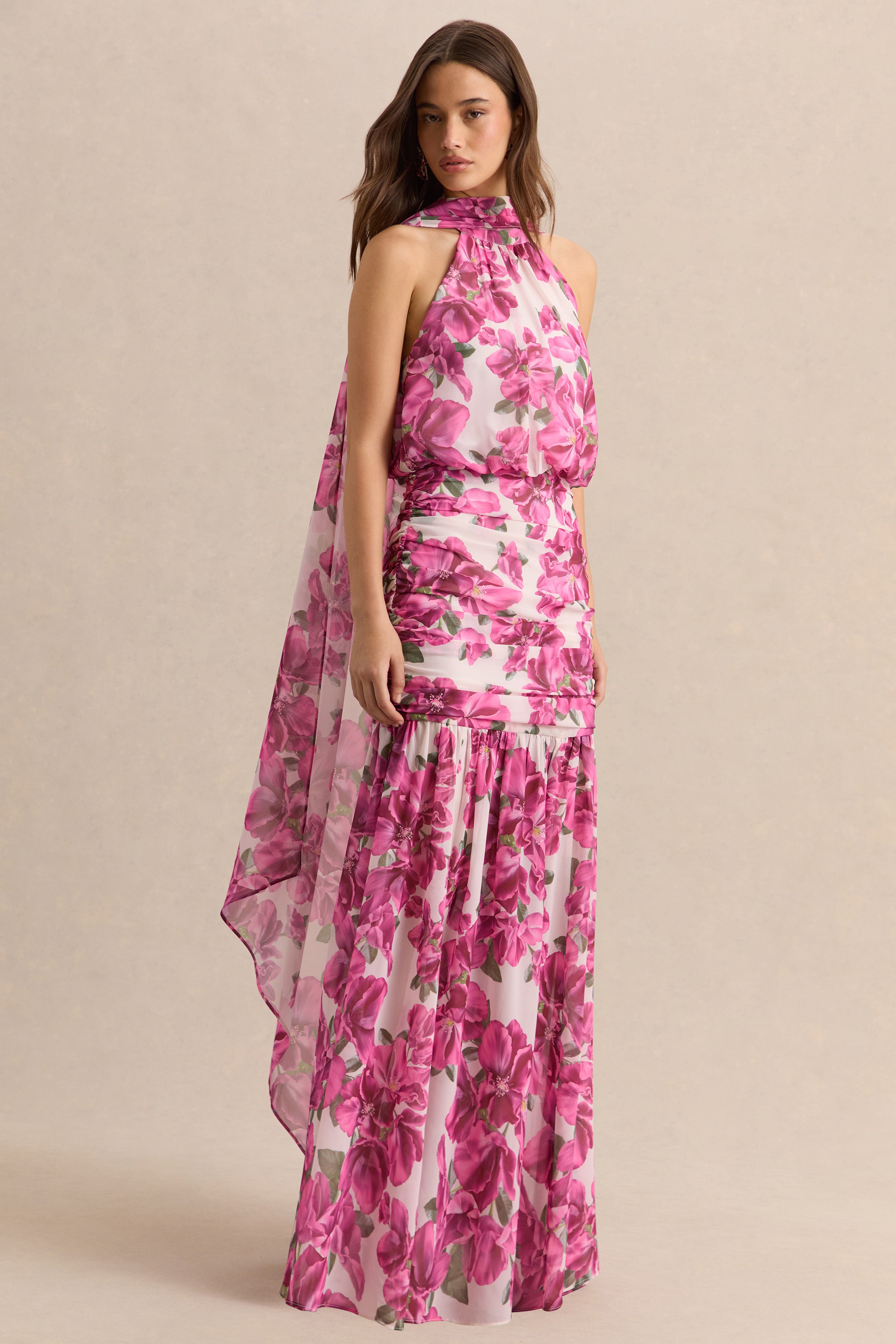 Veronique | Pink Hibiscus Floral Halter-Neck Maxi Dress – Club L