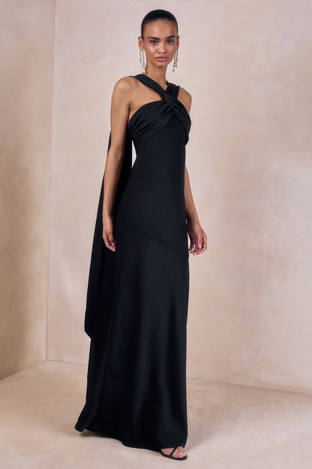 Sloane Black Matte Satin Halter-Neck Maxi Dress With Cape – Club L