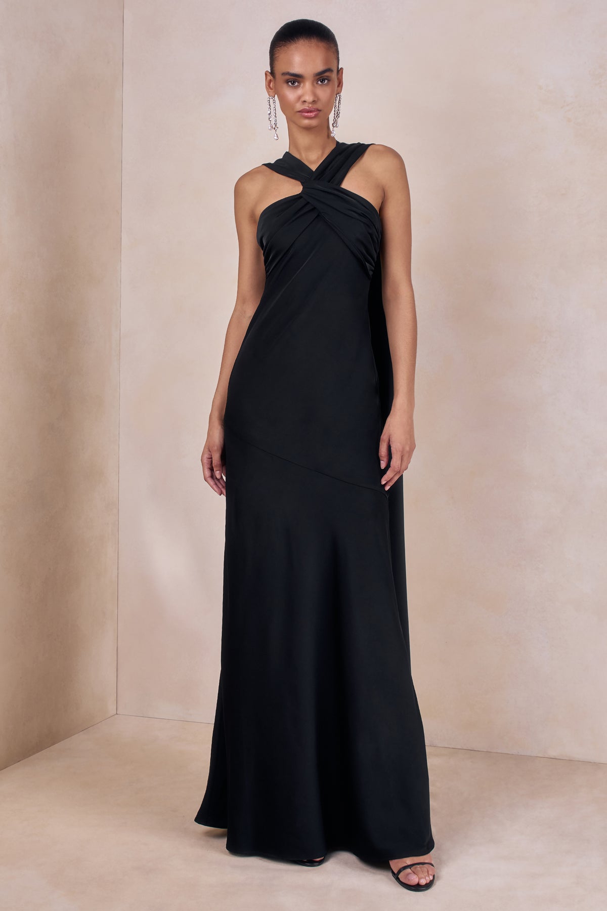 Sloane Black Matte Satin Halter-Neck Maxi Dress With Cape – Club L London Sloane Black Matte Satin Halter-Neck Maxi Dress With Cape – Club L London