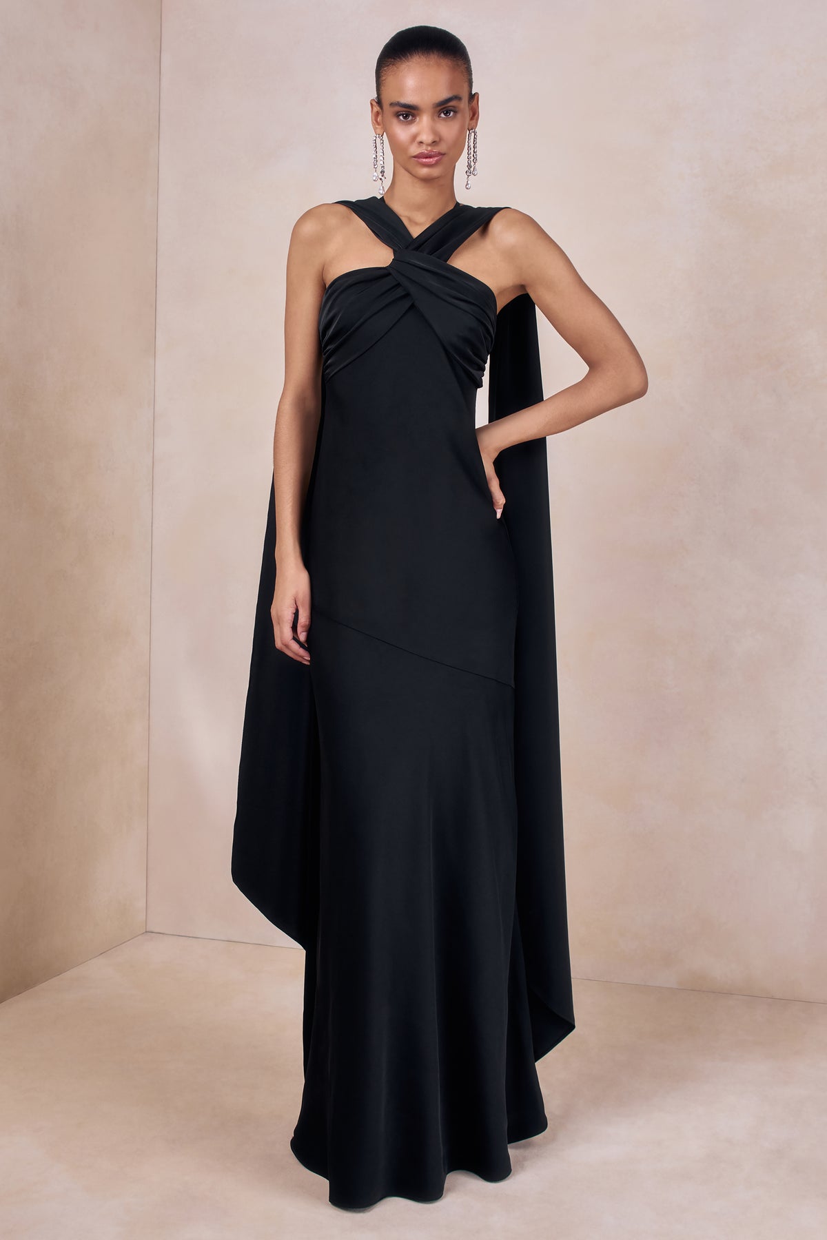 Sloane Black Matte Satin Halter-Neck Maxi Dress With Cape – Club L London Sloane Black Matte Satin Halter-Neck Maxi Dress With Cape – Club L London
