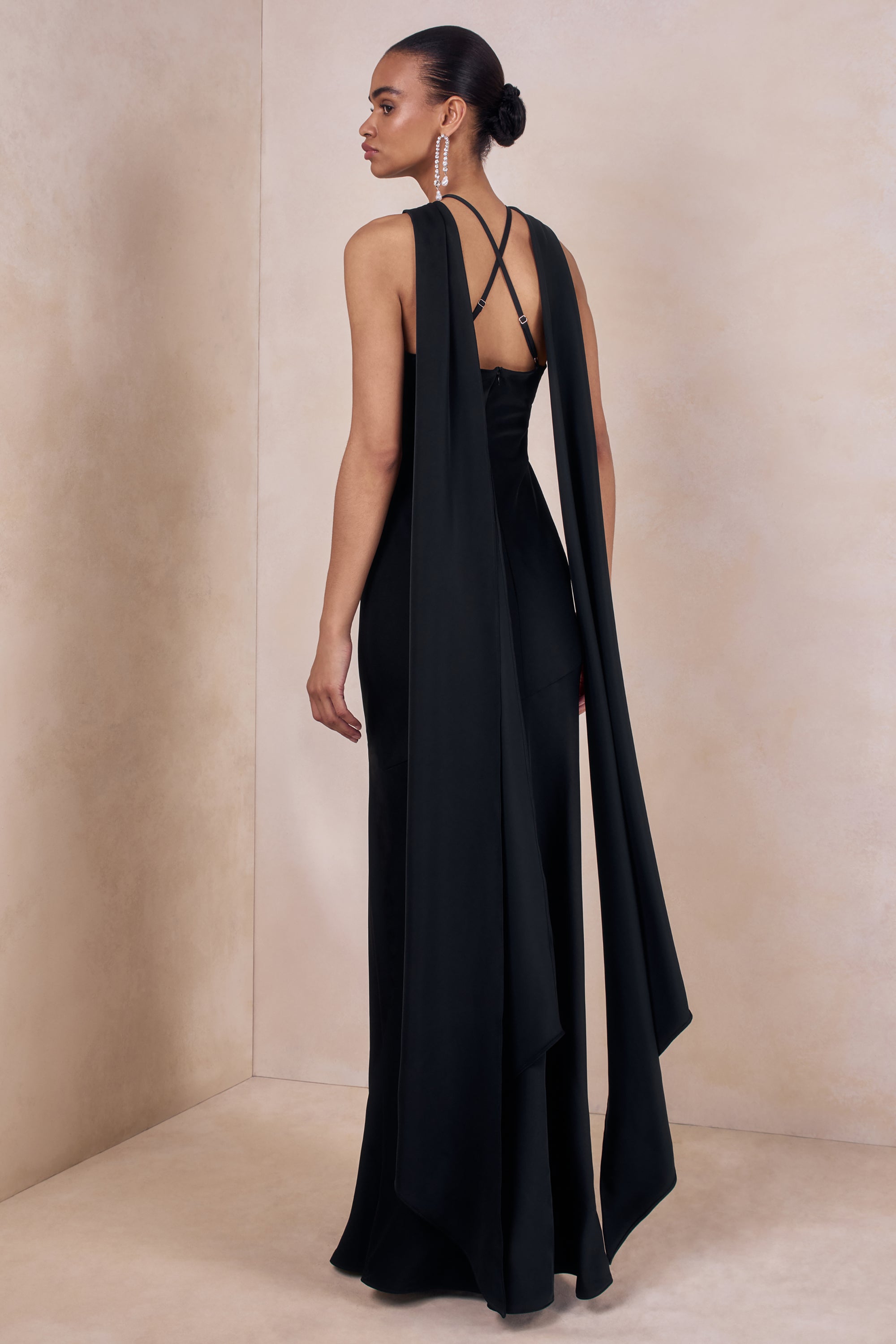 Sloane | Black Matte Satin Halter-Neck Maxi Dress With Cape – Club L London