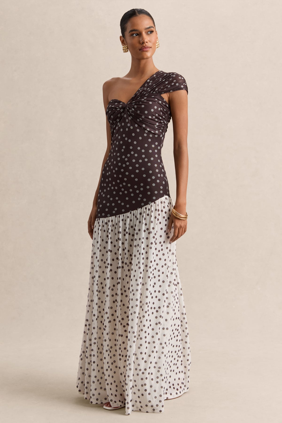 Motira Brown Polka-Dot Asymmetric-Neck Maxi Dress With Asymmetric Dr – Club  L London